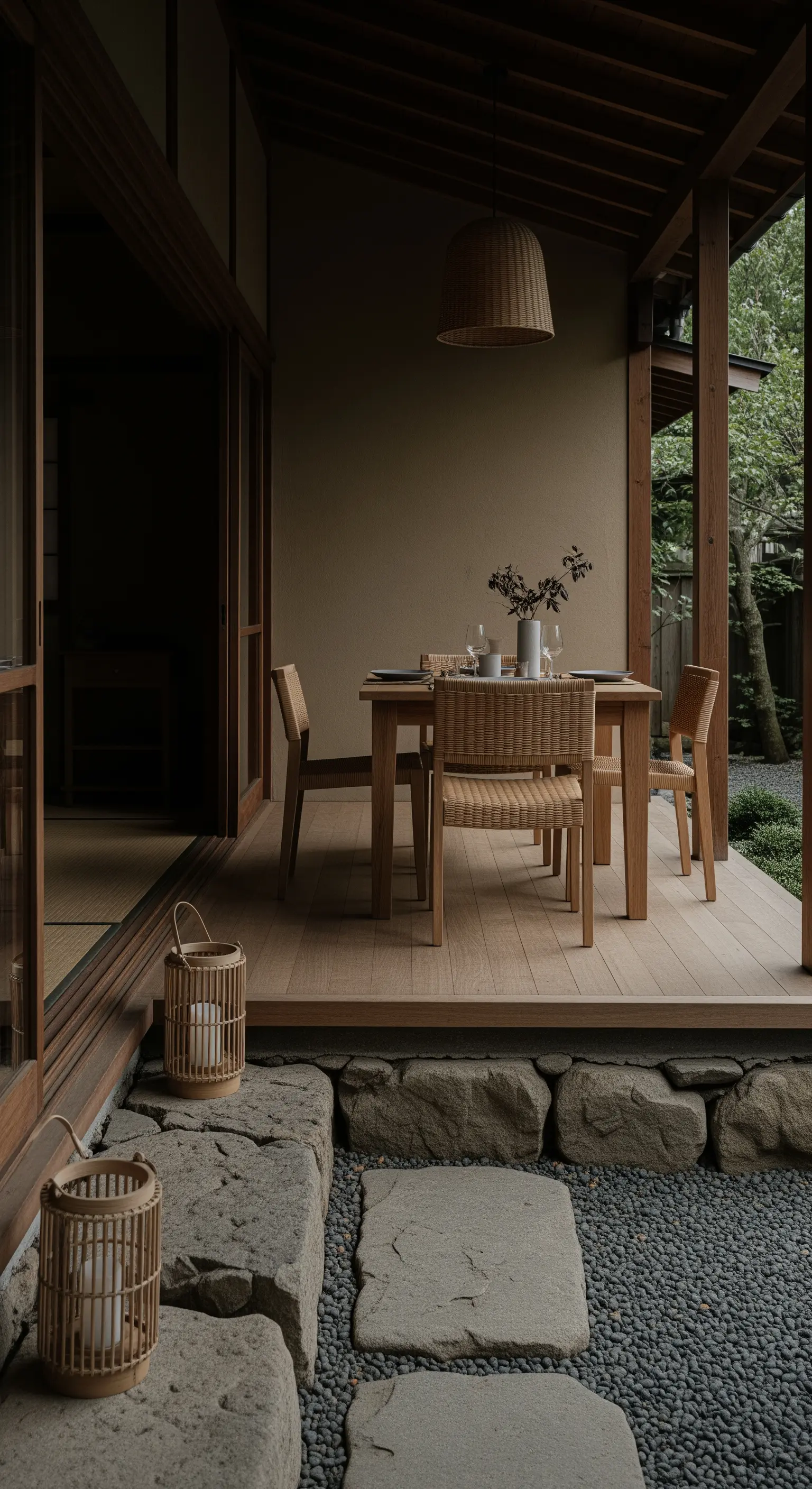 Veranda mit Holztisch, Korbstühlen, Steinboden und Bambuslaternen