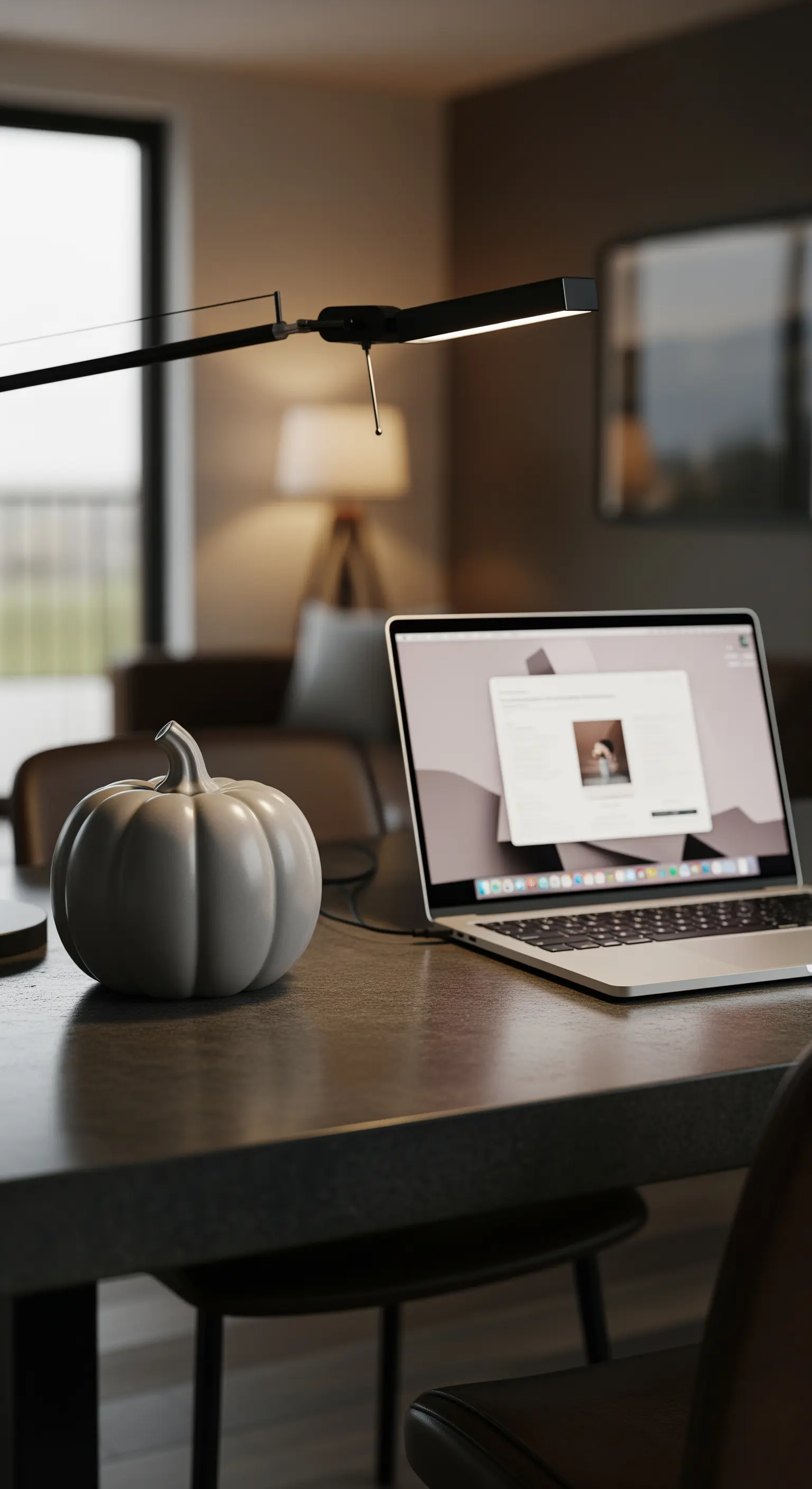 Schreibtisch mit Laptop, moderner Lampe und kleinem hellgrauen Keramikkürbis.