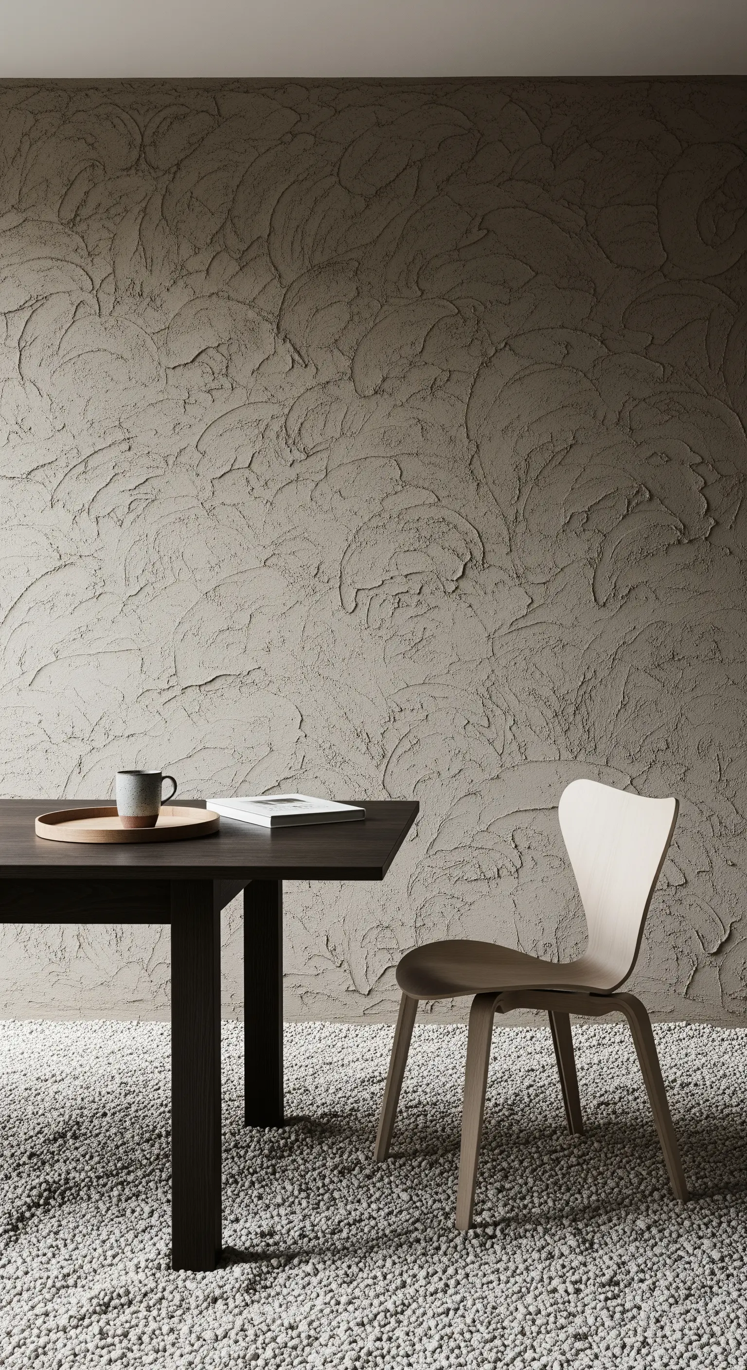 Japandi Essbereich mit texturierter Wand und Holztisch