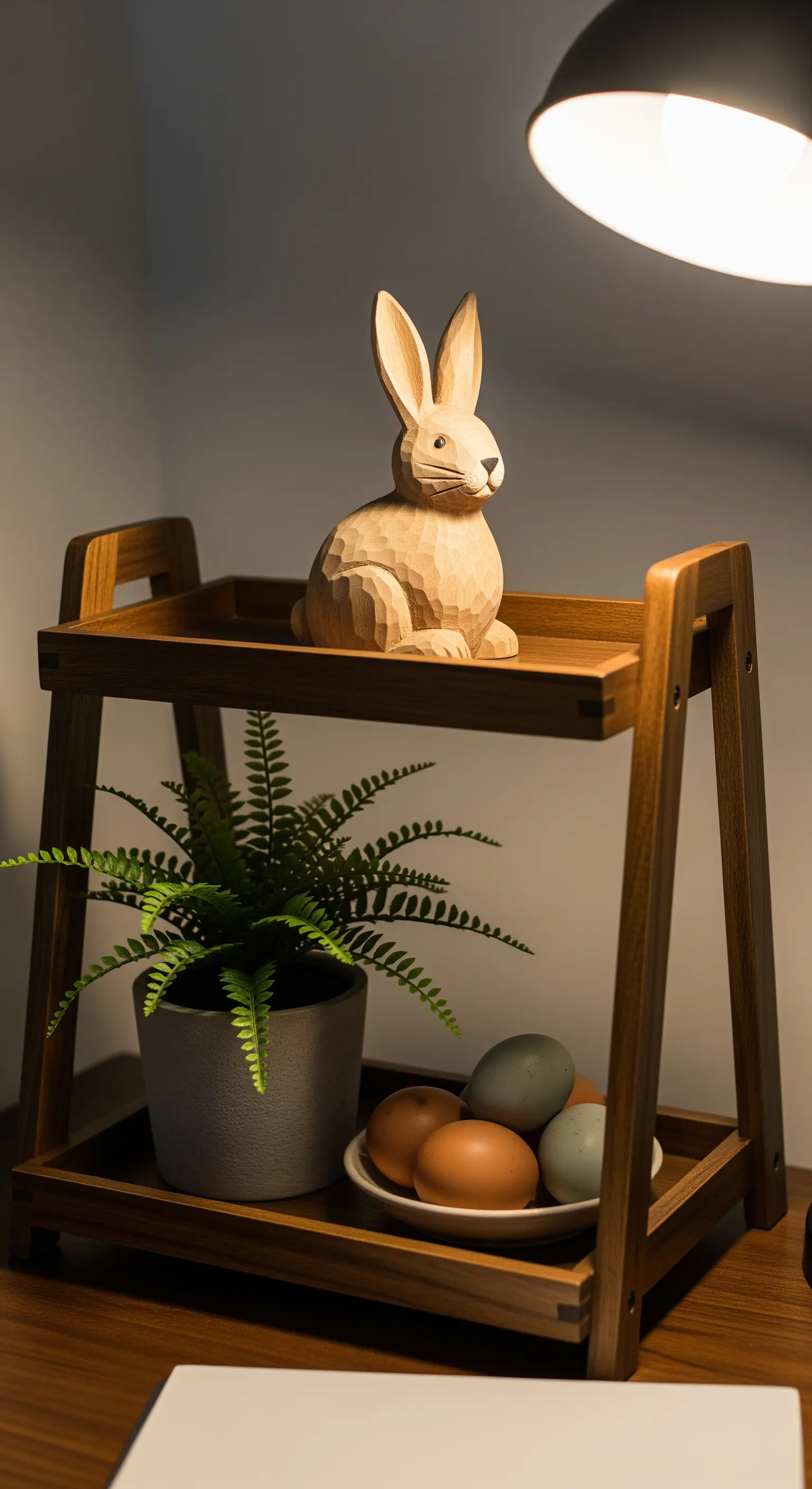 Holz-Etagere auf einem Schreibtisch mit Holzhasen und Farn