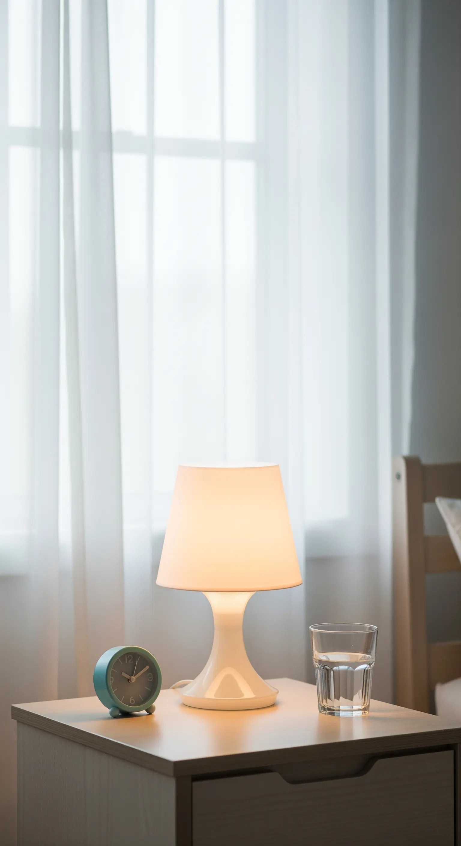 Nachttisch mit weißer Lampe, türkisfarbenem Wecker und Wasserglas vor hellem Fenster.