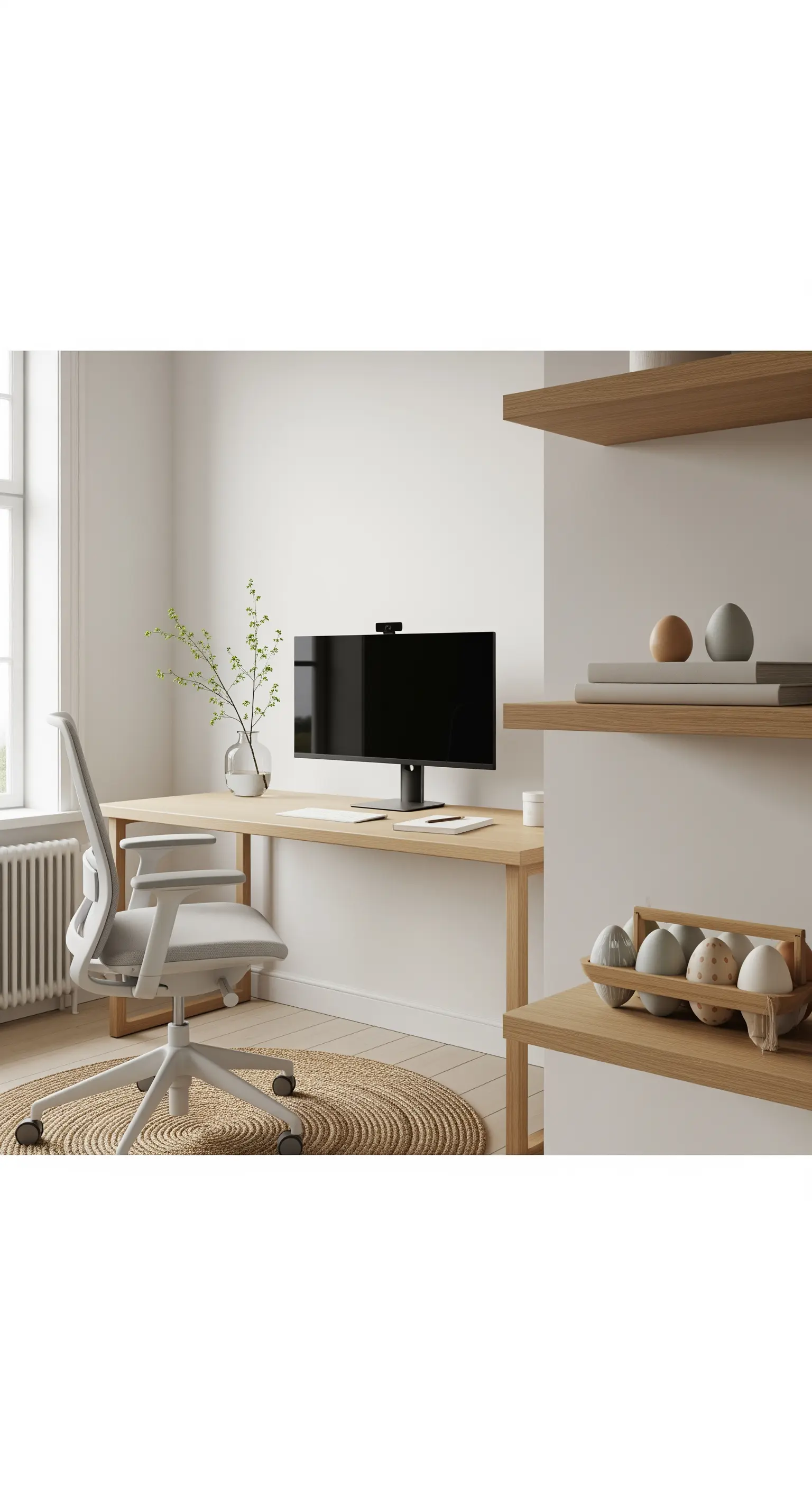 Minimalistisches Homeoffice mit Holzschreibtisch, Regalen und Ostereiern