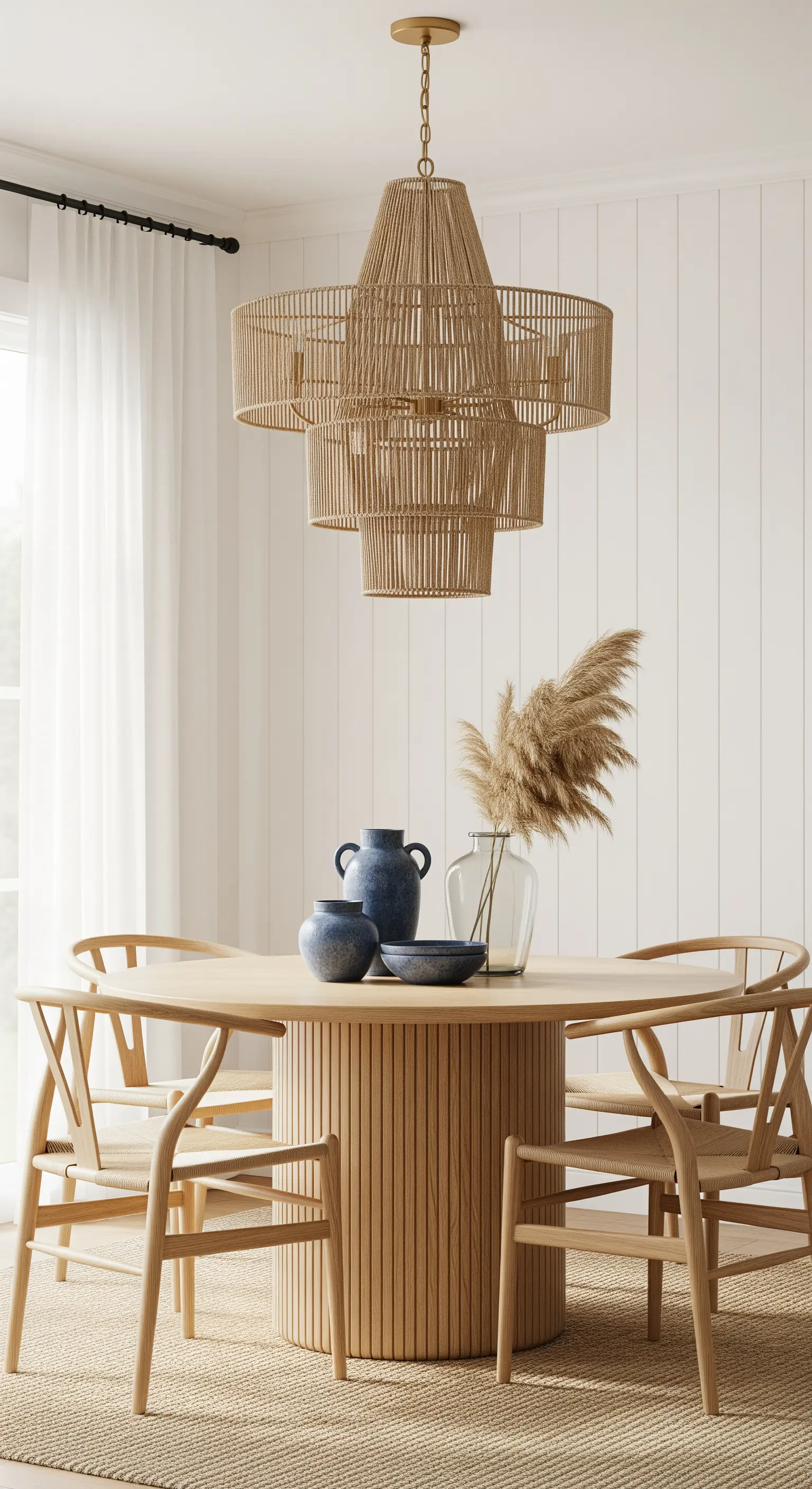 Runder Holztisch, mehrstufige Rattan-Leuchte, blaue Deko, Pampasgras