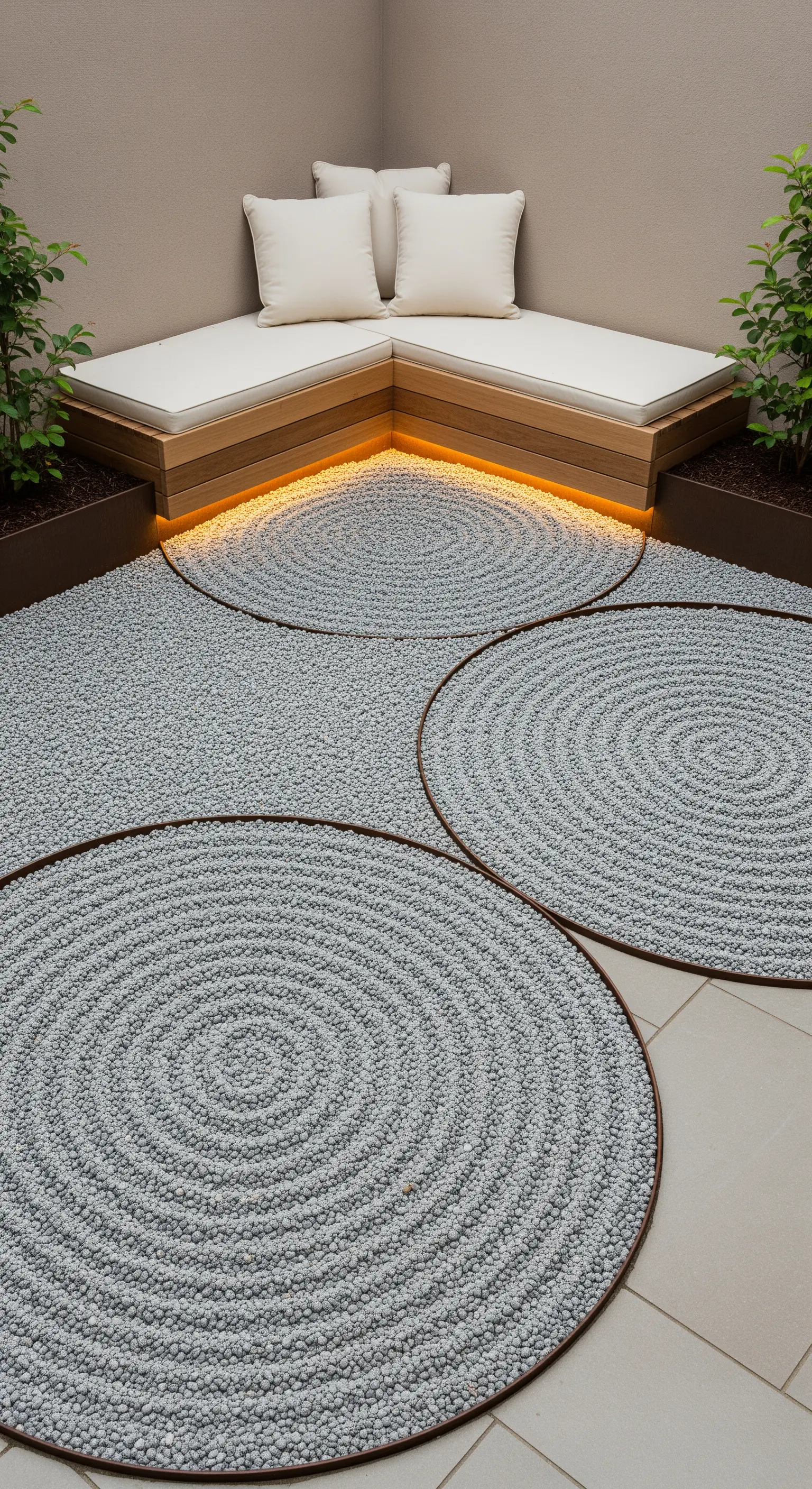 Abgerundete Kiesflächen, beleuchtete Eckbank im Japandi-Stil