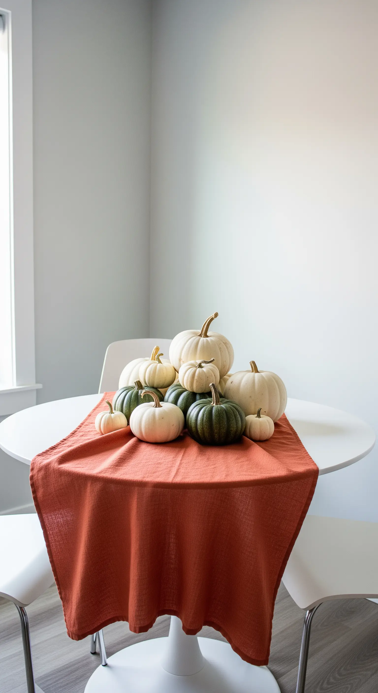 Runder Tisch mit rostfarbenem Läufer, Kürbis-Arrangement.