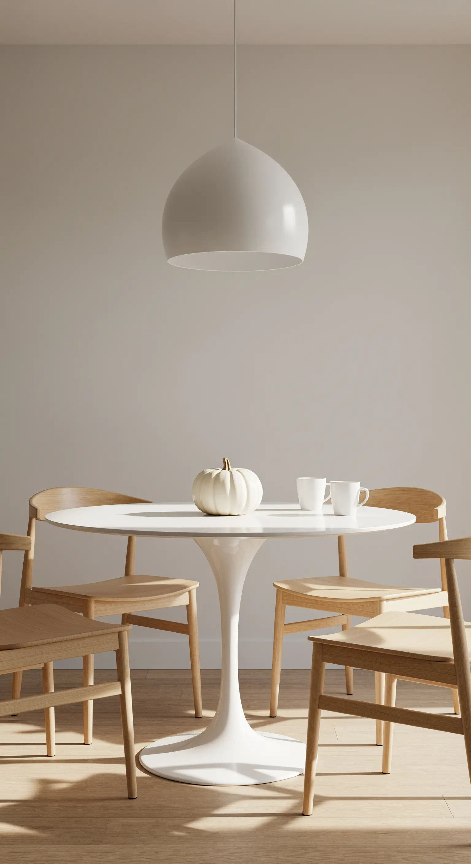 Runder Esstisch mit einem weißen Kürbis und weißen Tassen