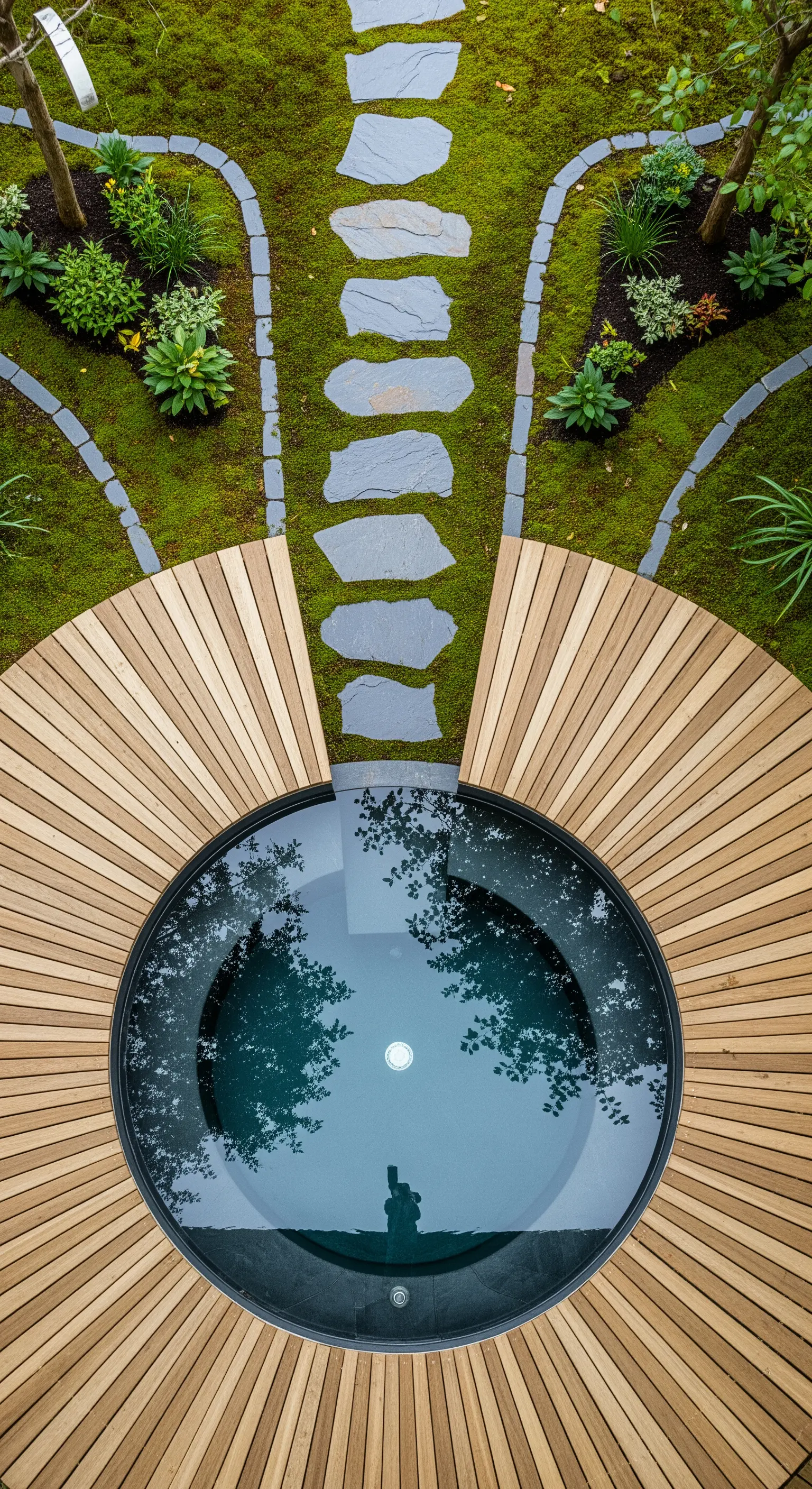 Runder Plunge-Pool mit strahlenförmigem Holzdeck und Steinpfad durch Moosgarten