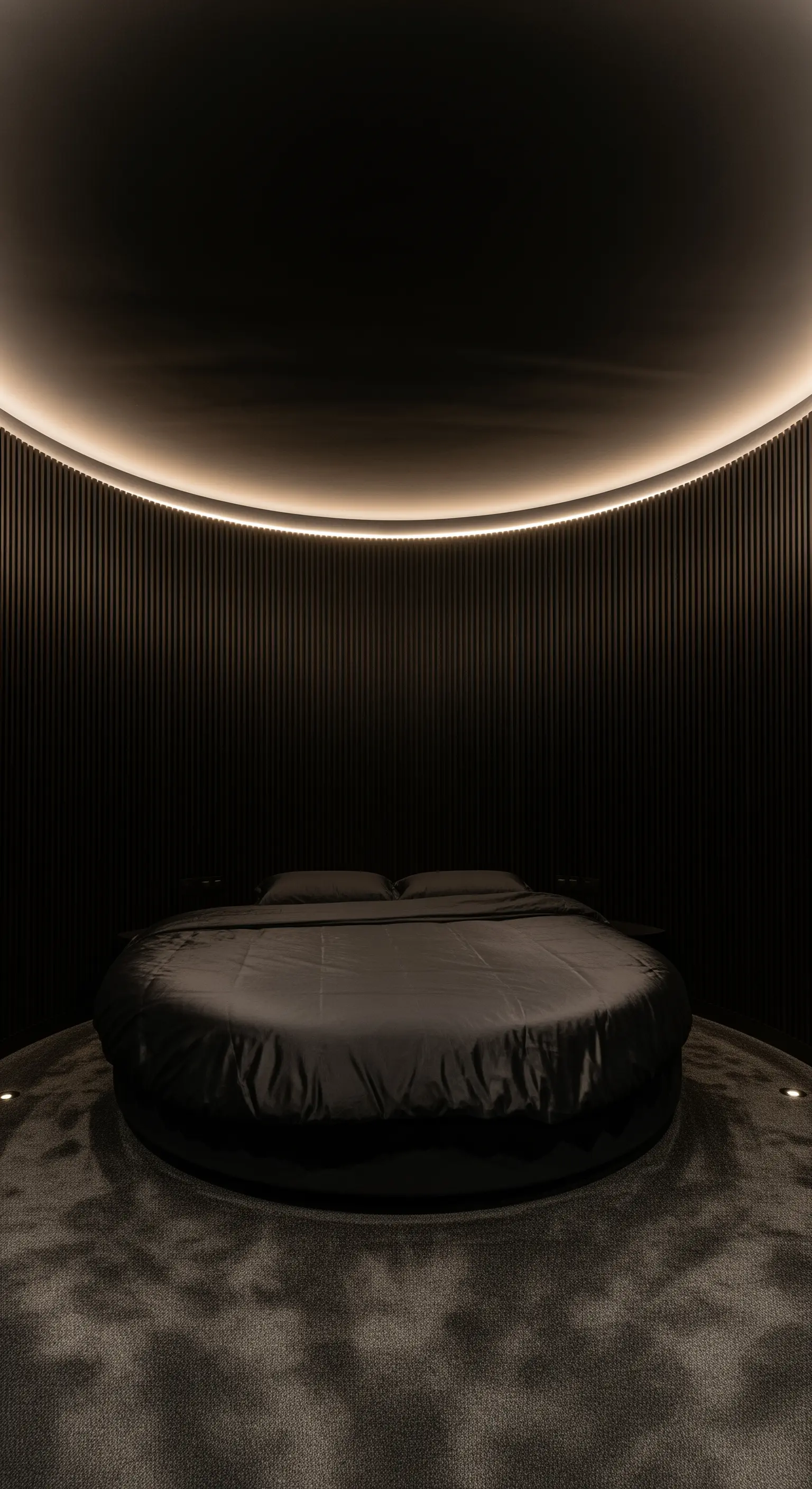 Rundes Bett, geriffelte Holzwand, versteckte LEDs