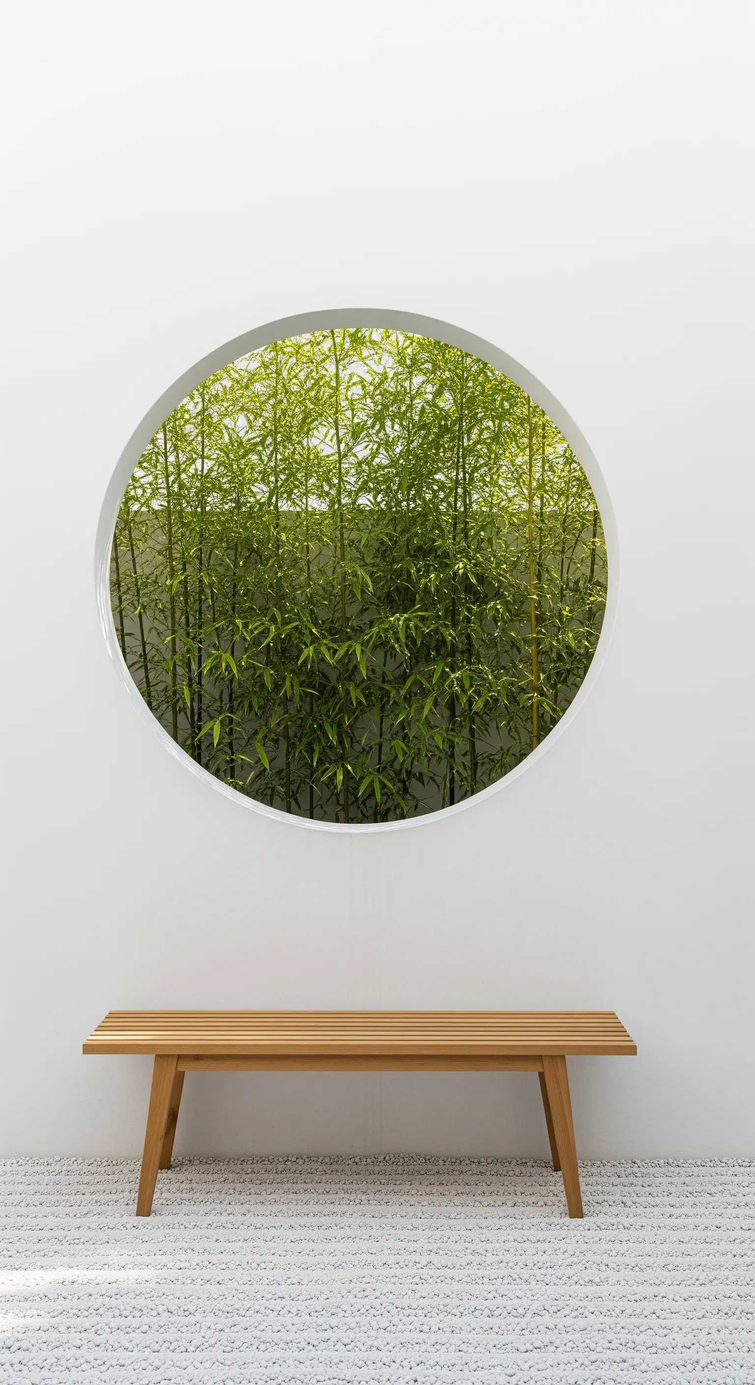 Rundes Fenster mit Bambusblick und minimalistischer Holzbank im Japandi-Stil.