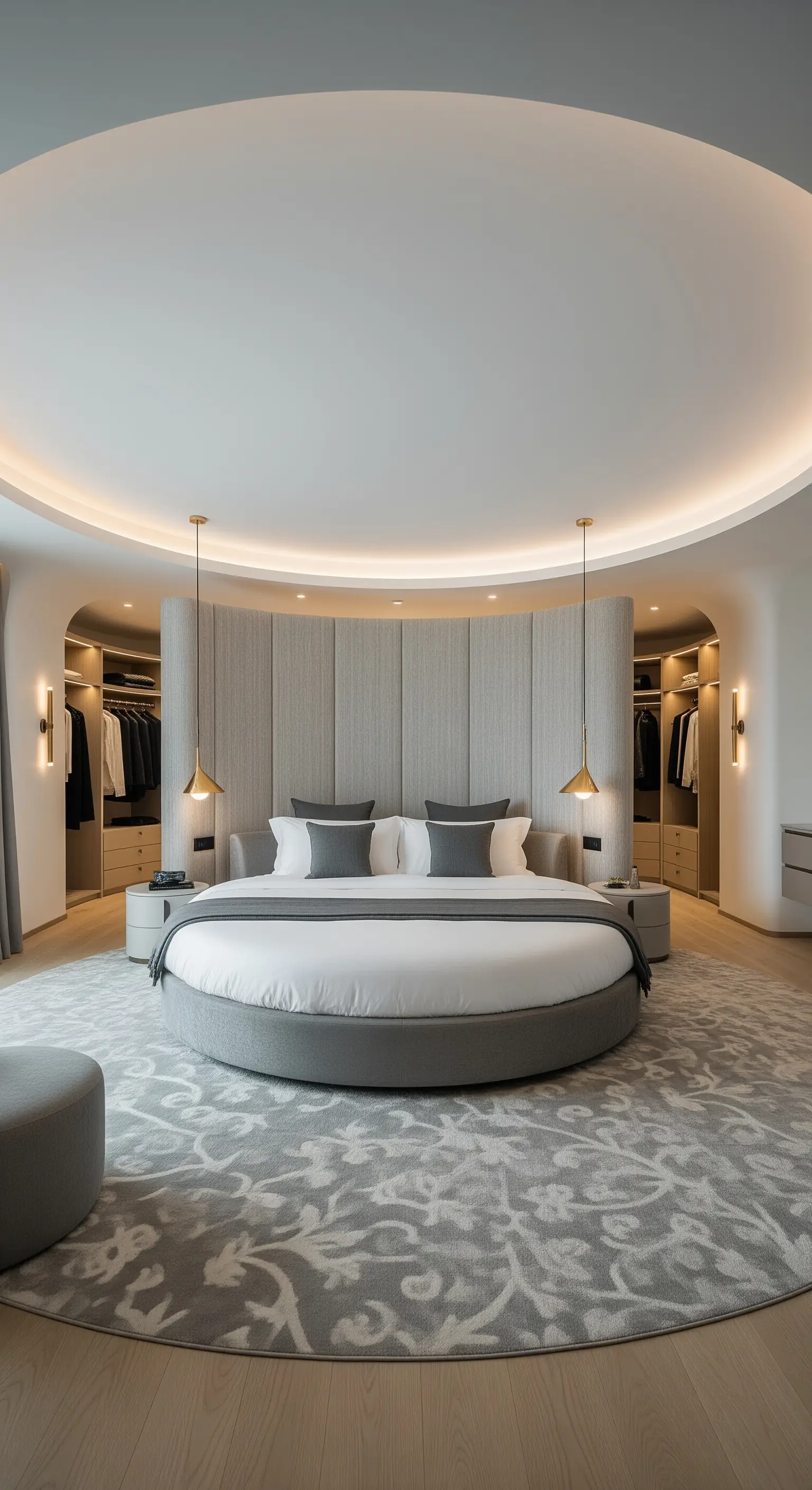 Luxuriöses Schlafzimmer mit rundem Bett und geschwungenen Wänden, die zu zwei Ankleidebereichen führen