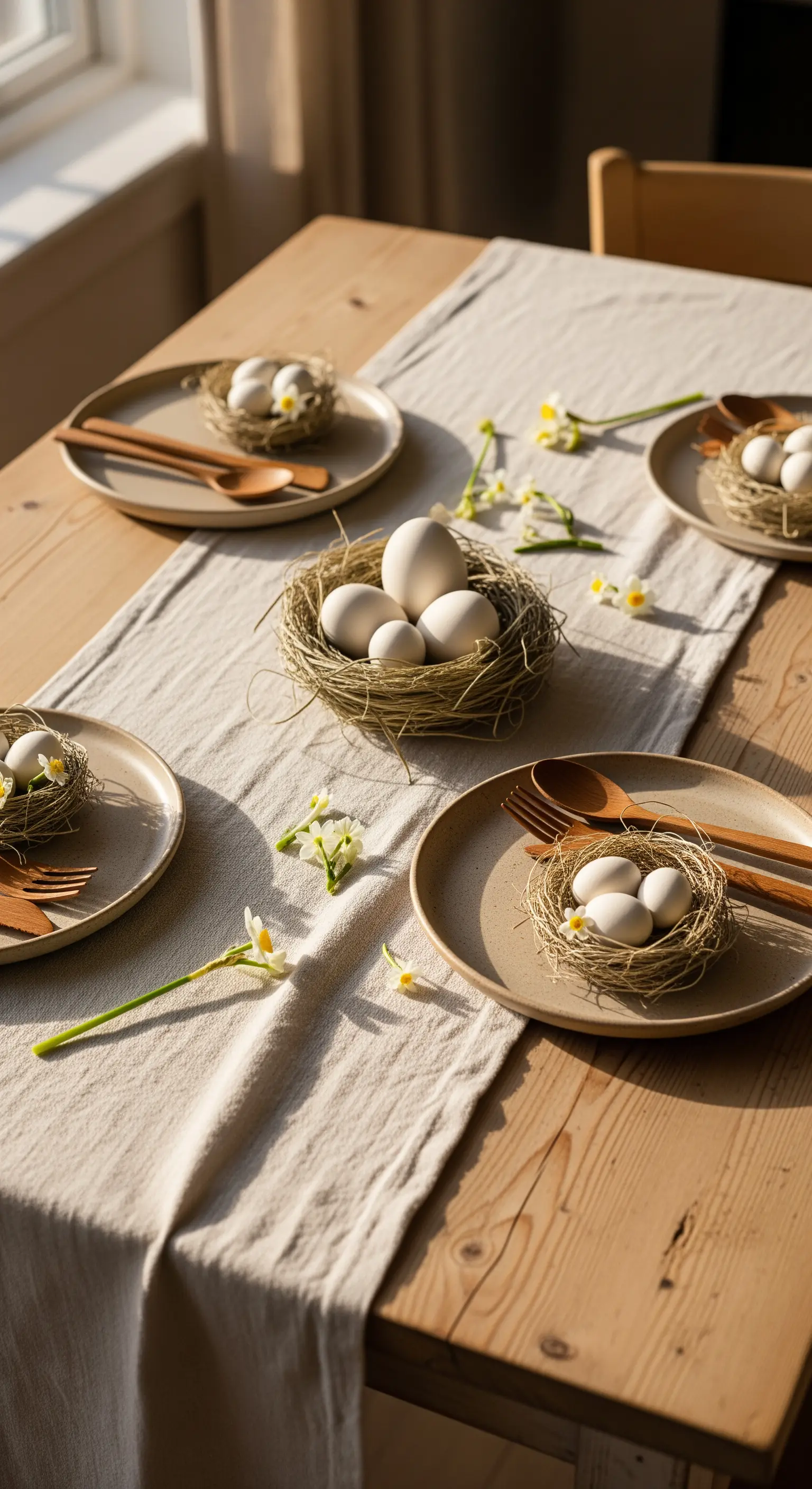 Ostertisch mit Leinenläufer, Keramik, Holzbesteck und kleinen Nestern