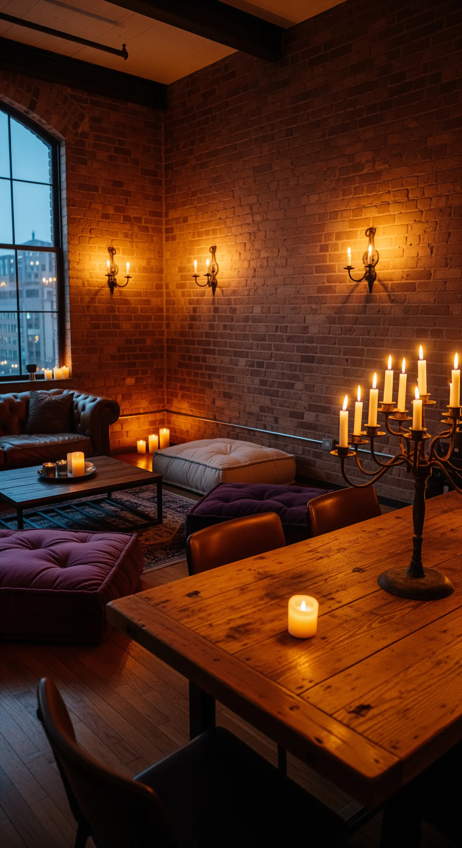 Loft mit Backsteinwand, Bodenkissen, Esstisch und vielen Kerzen