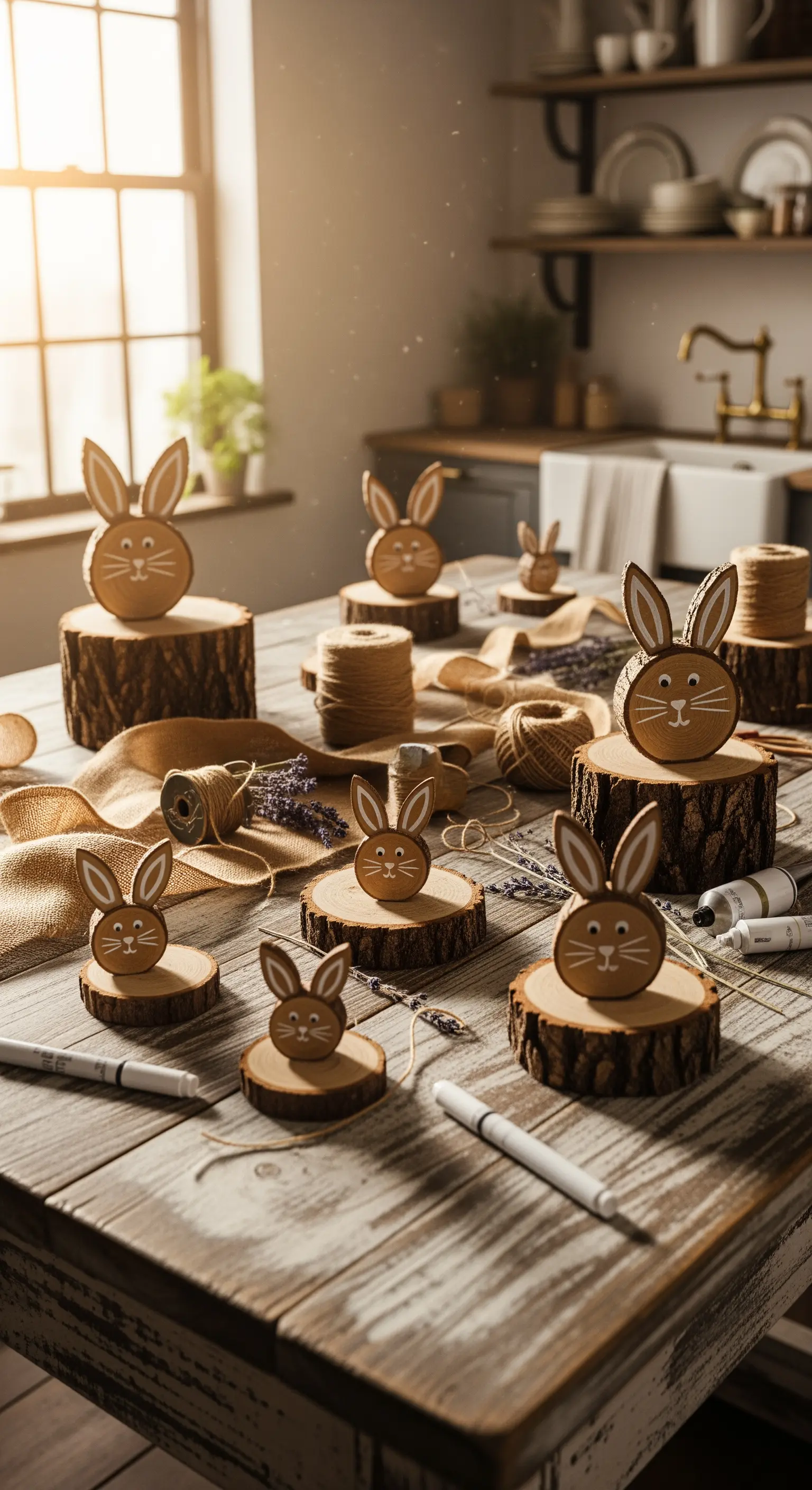 Holzhäschen auf Holzscheiben mit Bast als natürliche Osterdekoration