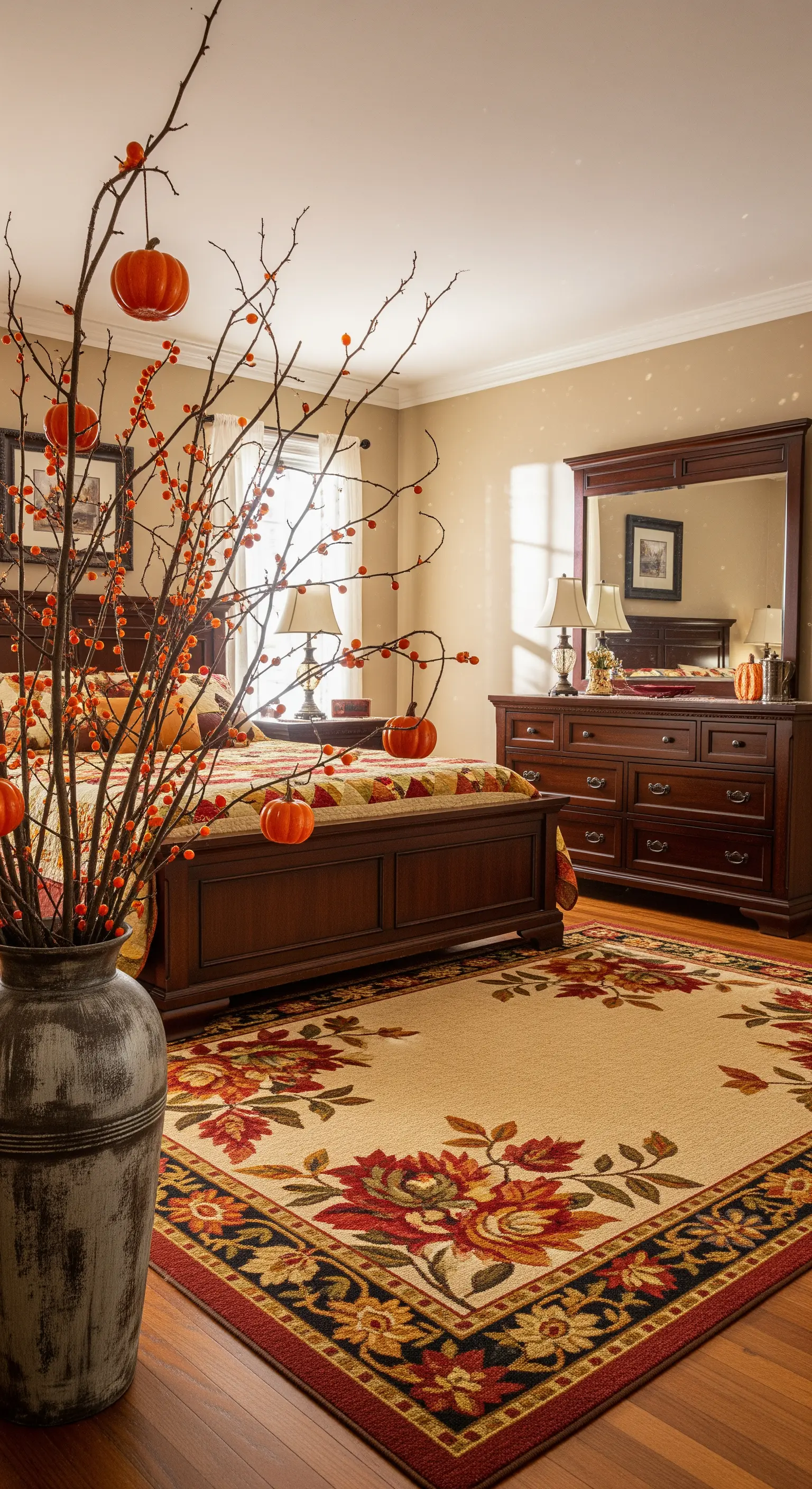 Hohe Äste mit hängenden Mini-Kürbissen in Bodenvase im Schlafzimmer