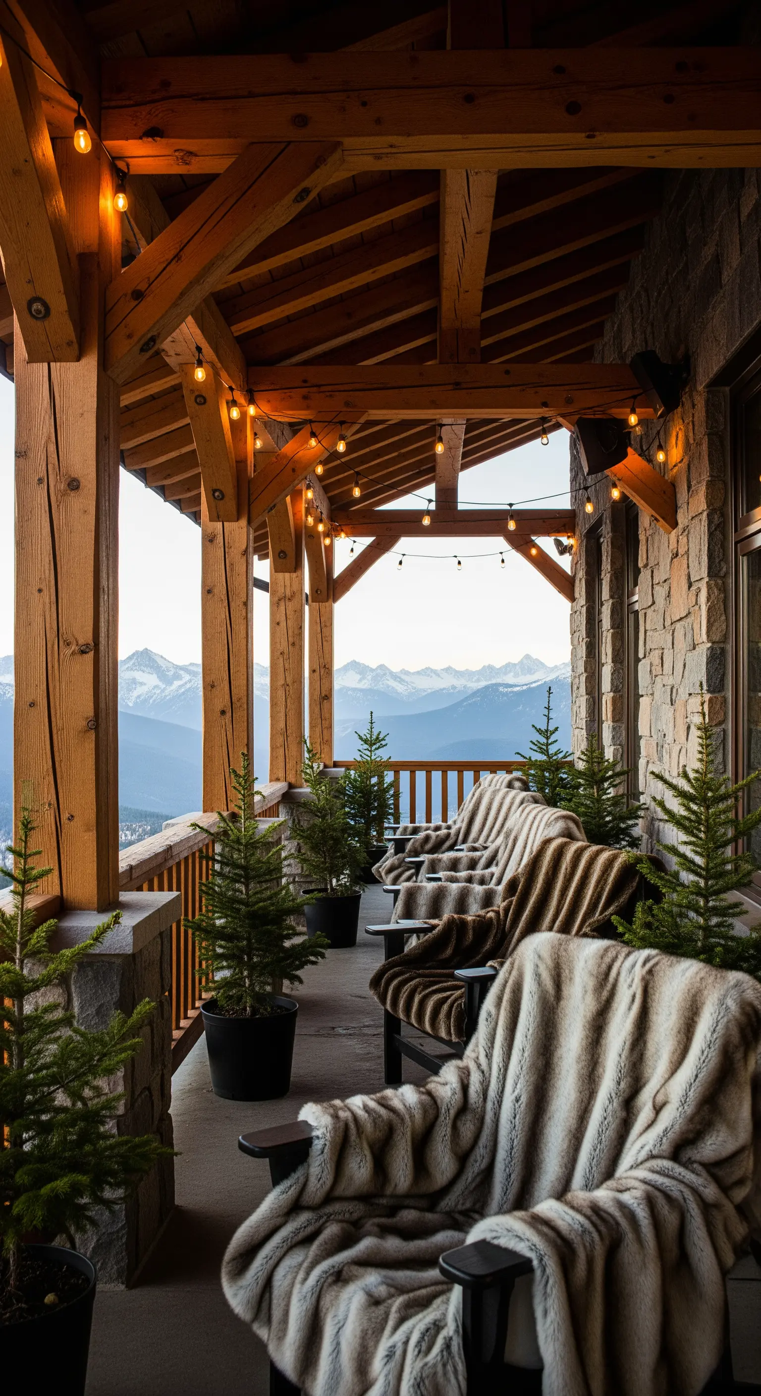 Berghütten-Veranda mit Holzmöbeln, Kunstfellen, Topfbäumen und Lichterketten