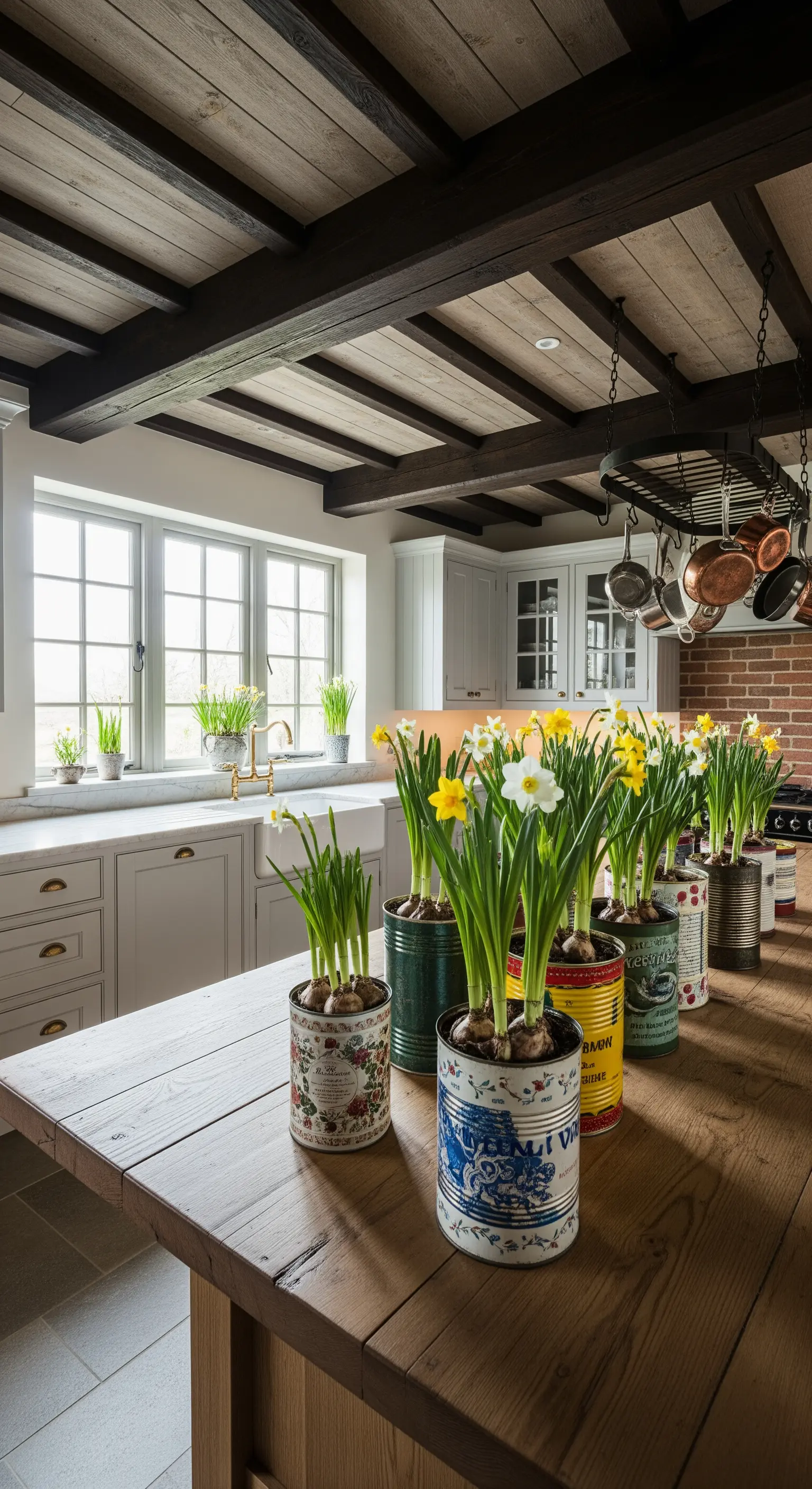 Narzissen in bunten Blechdosen auf rustikaler Kücheninsel