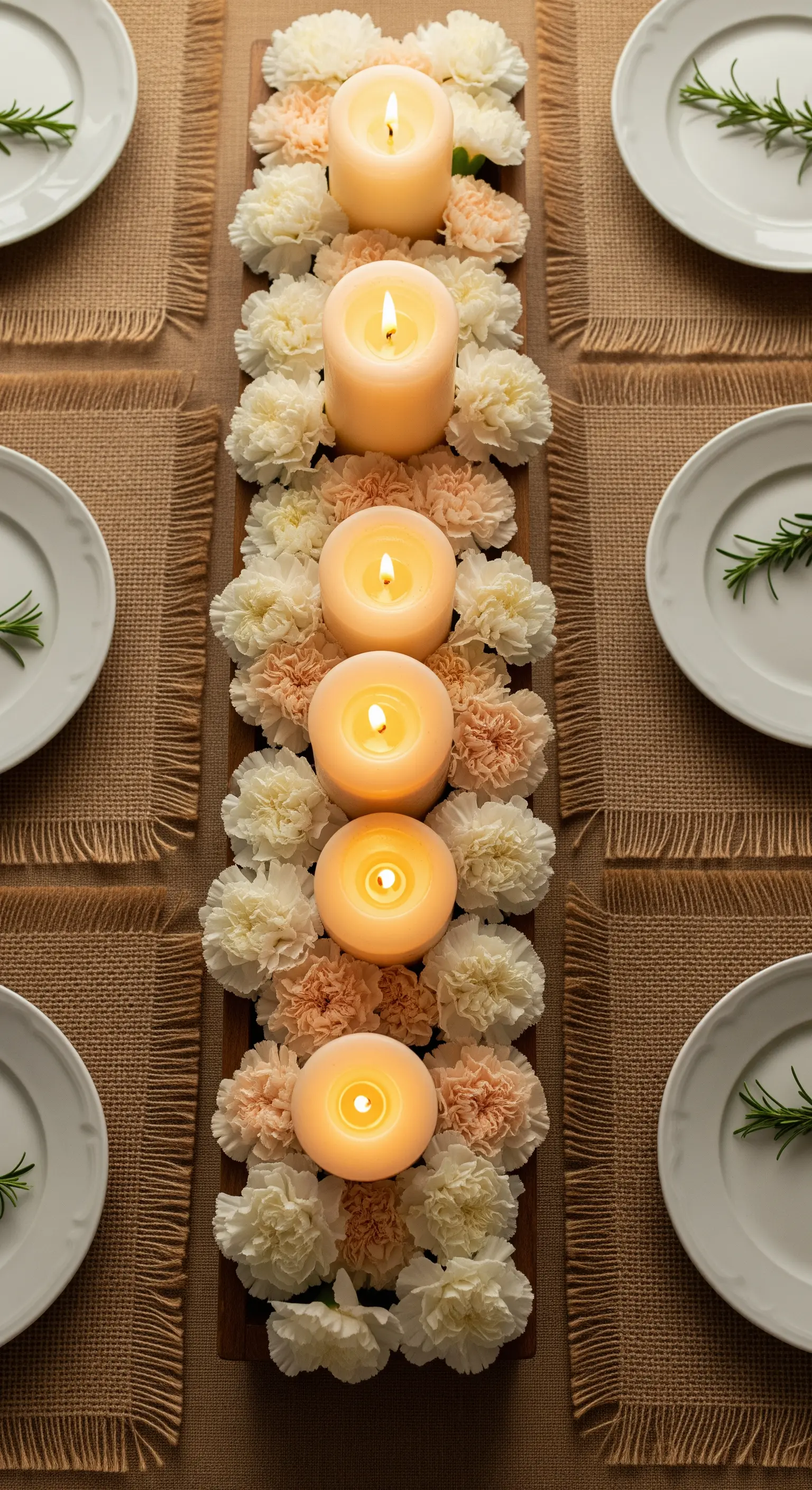 Rustikale Osterdeko: Nelken, Stumpenkerzen und Jutematten auf Holz