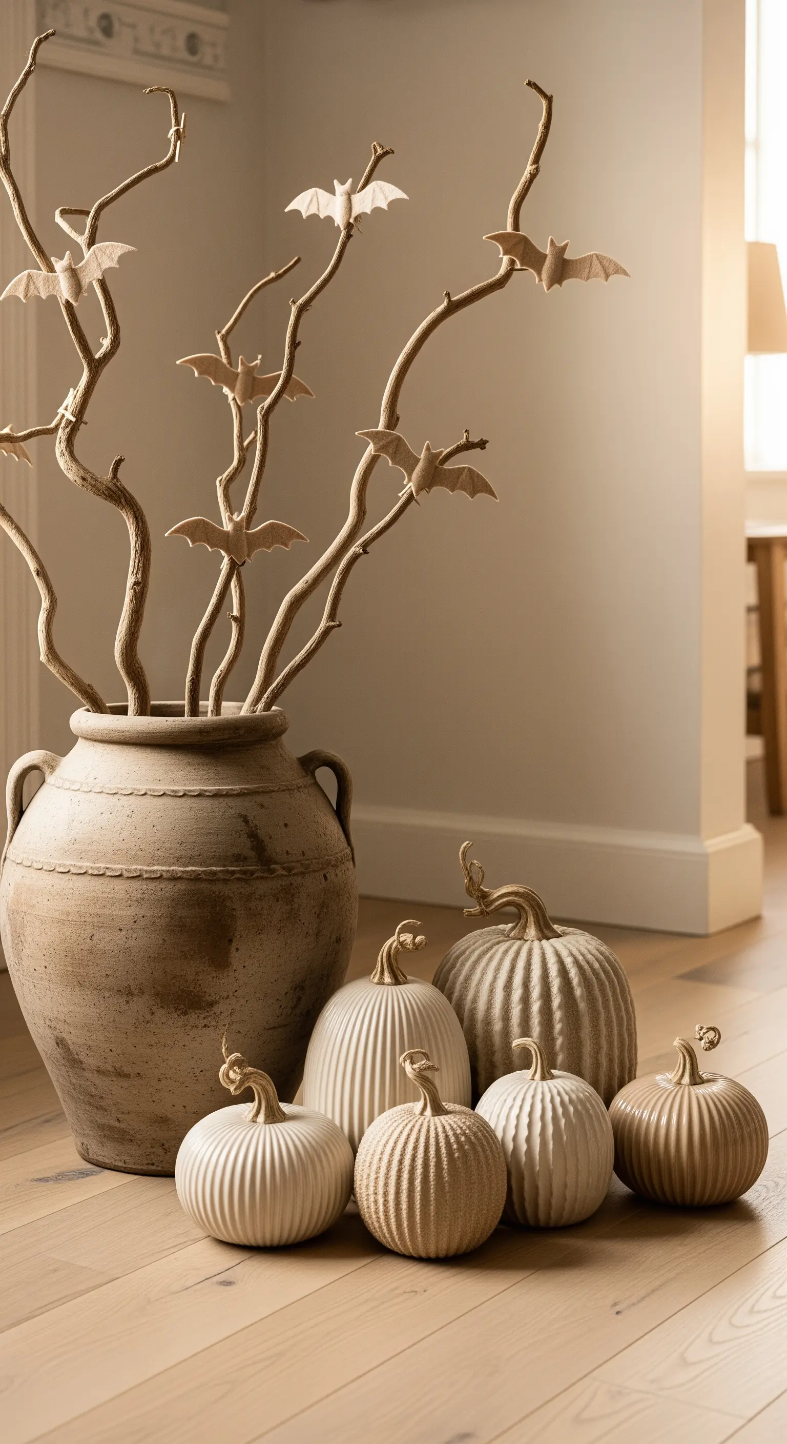 Großer Krug mit kahlen Ästen und Fledermäusen, umgeben von beigen Kürbissen auf dem Boden.