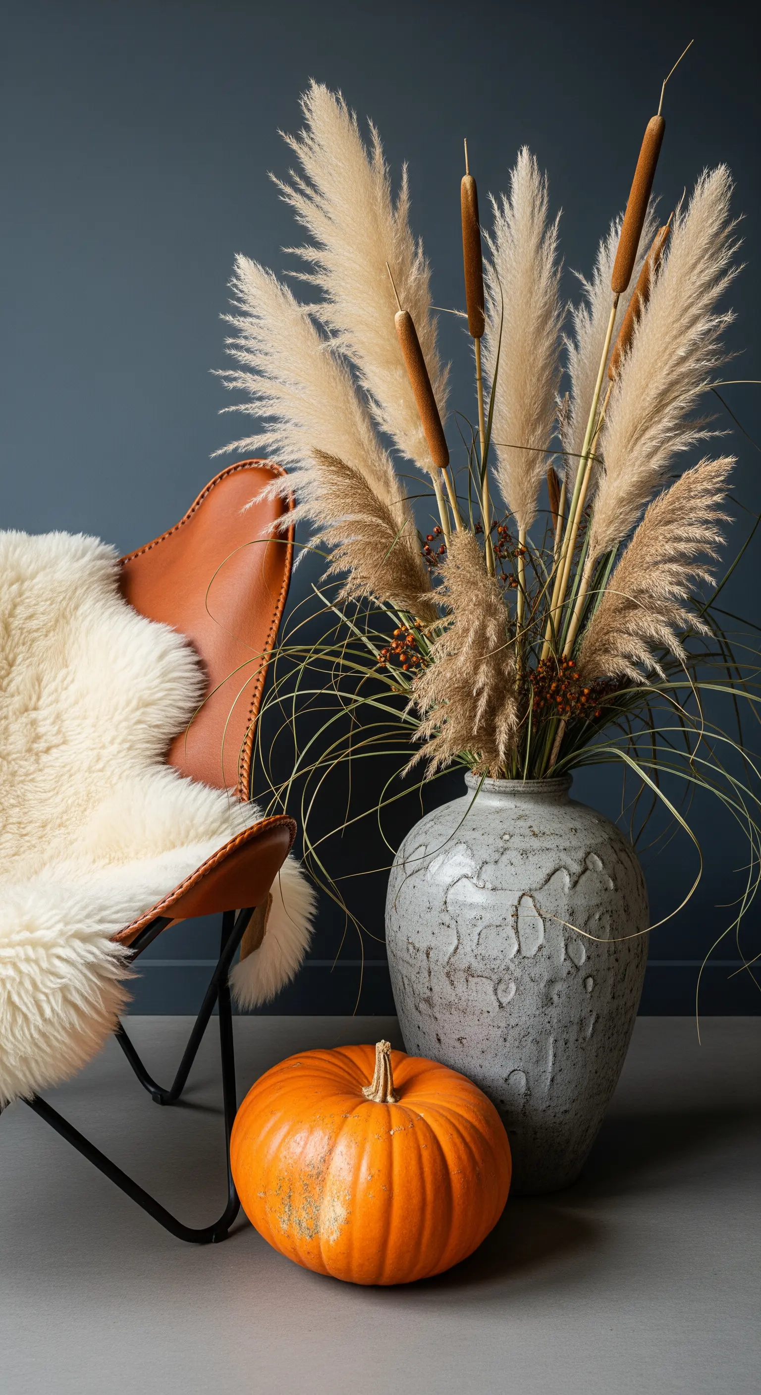 Große Bodenvase mit Pampasgras und Rohrkolben neben einem orangefarbenen Kürbis.