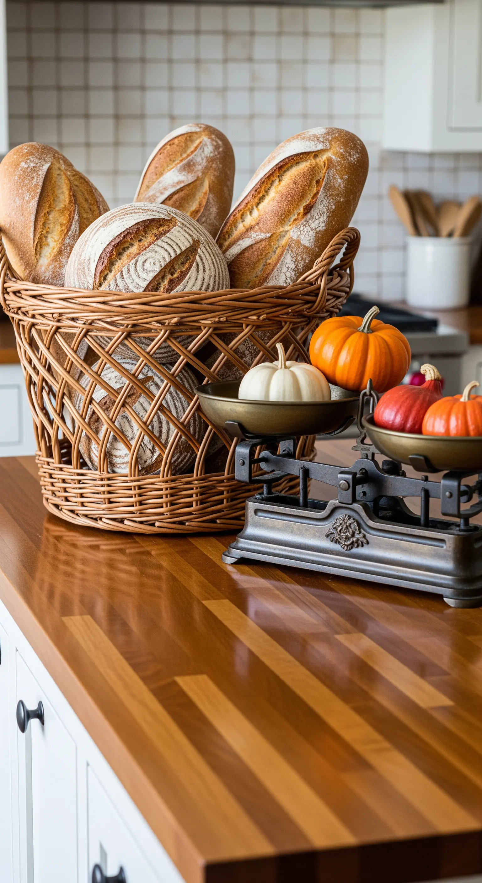 Küche mit Brotkorb, antiker Waage, kleinen Kürbissen auf Holztheke.