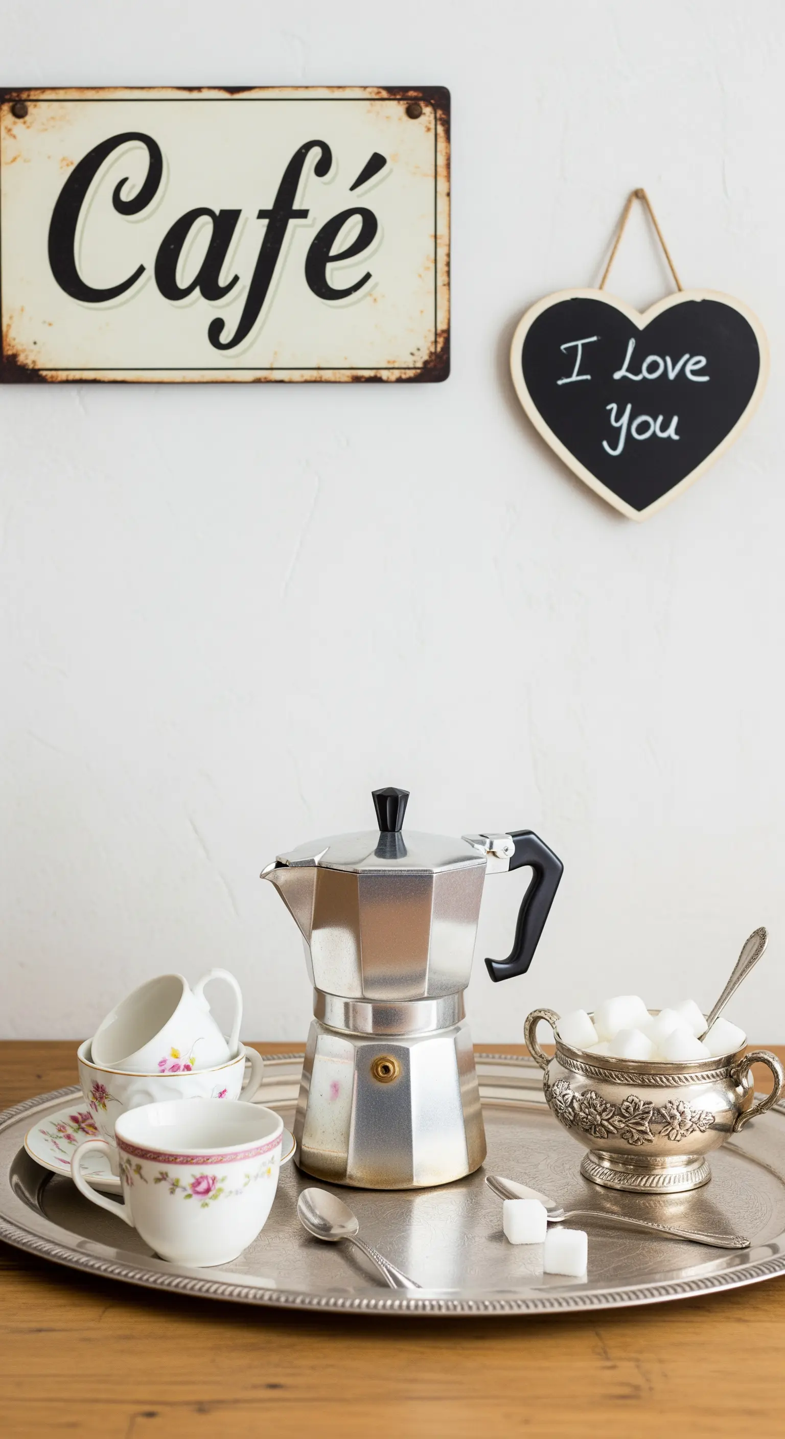 Café Ecke, I Love You Schild, Mokkakanne, Vintage Tassen, Silbertablett