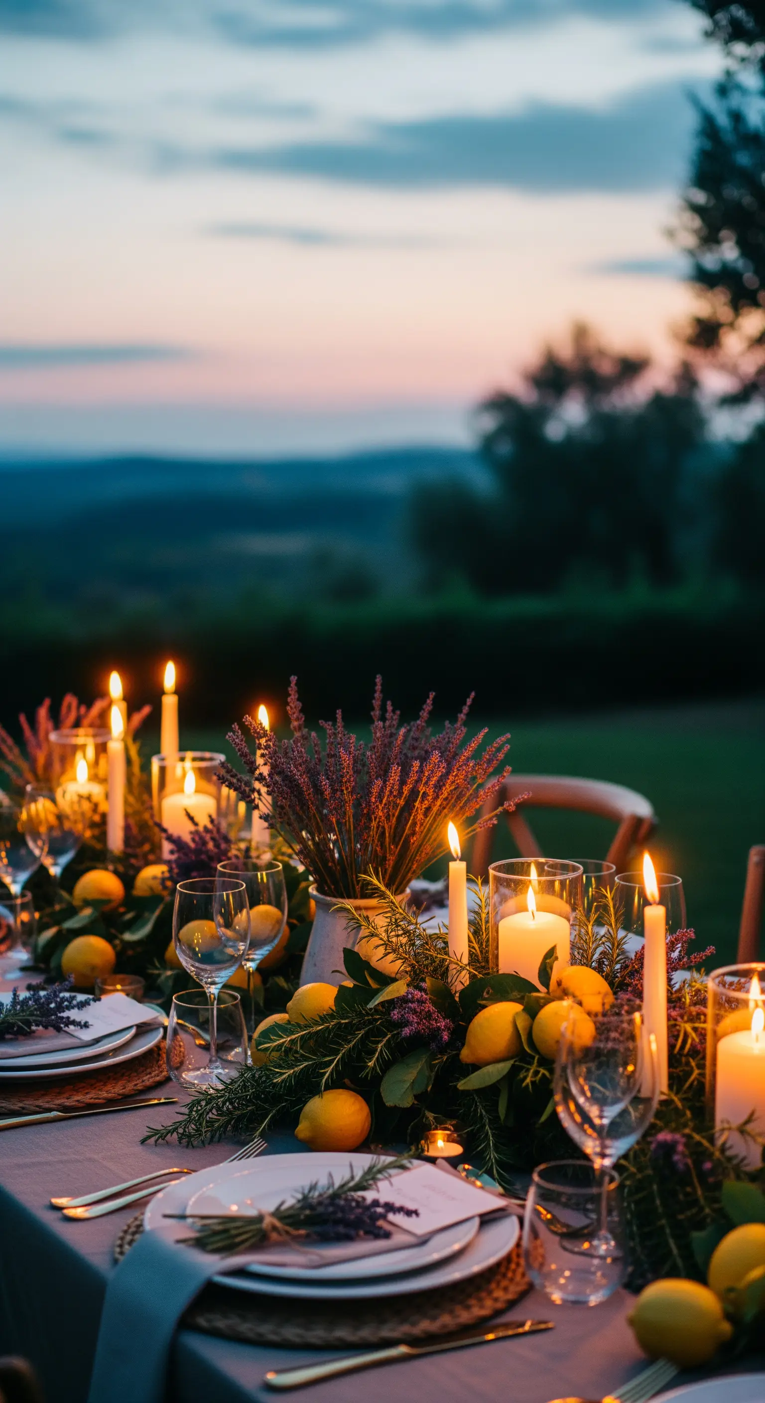 Rustikaler Holztisch mit Zitronen, Lavendel, Rosmarin und vielen Kerzen bei Dämmerung