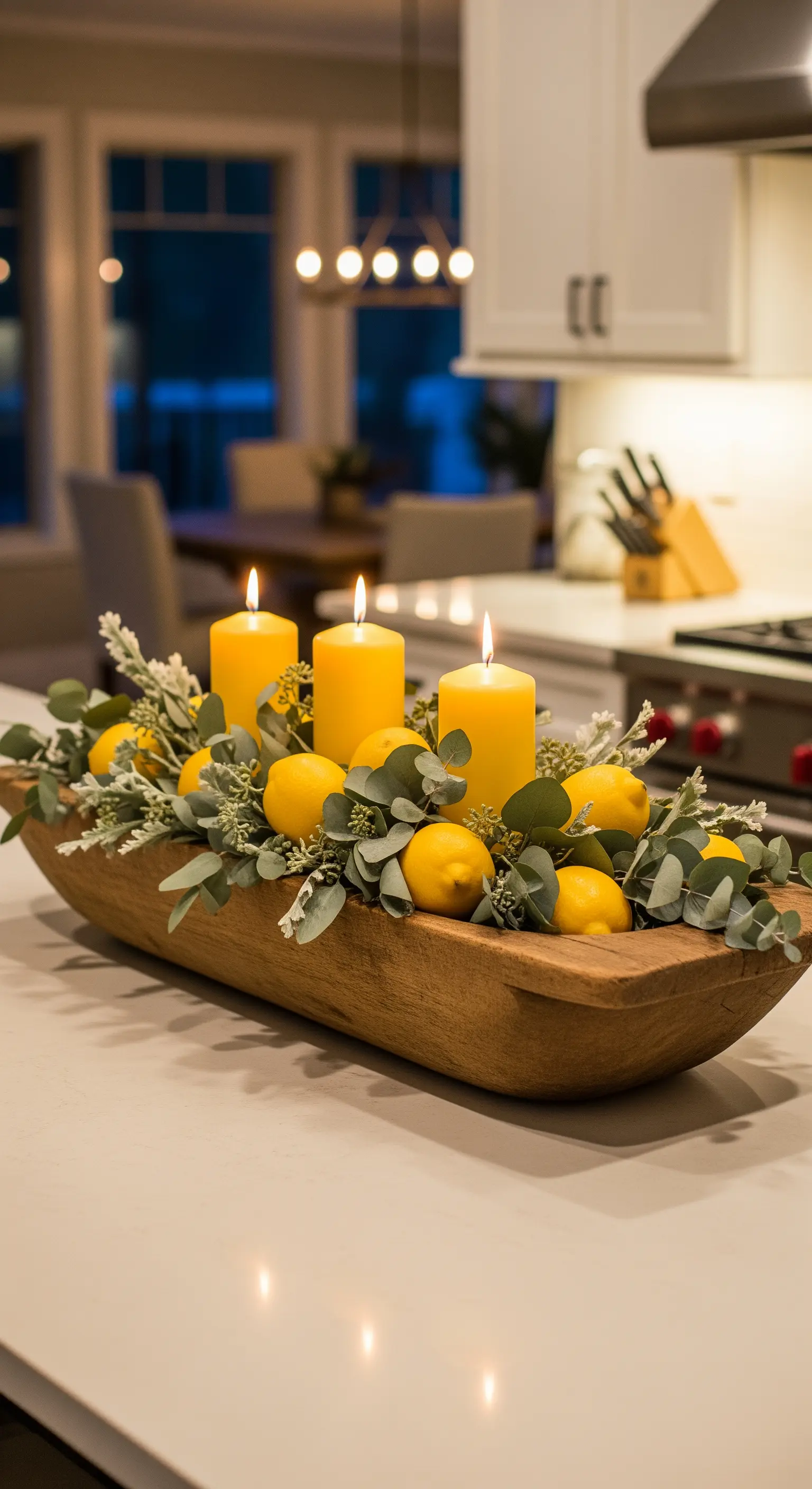 Holztablett mit gelben Kerzen, Zitronen und Eukalyptus