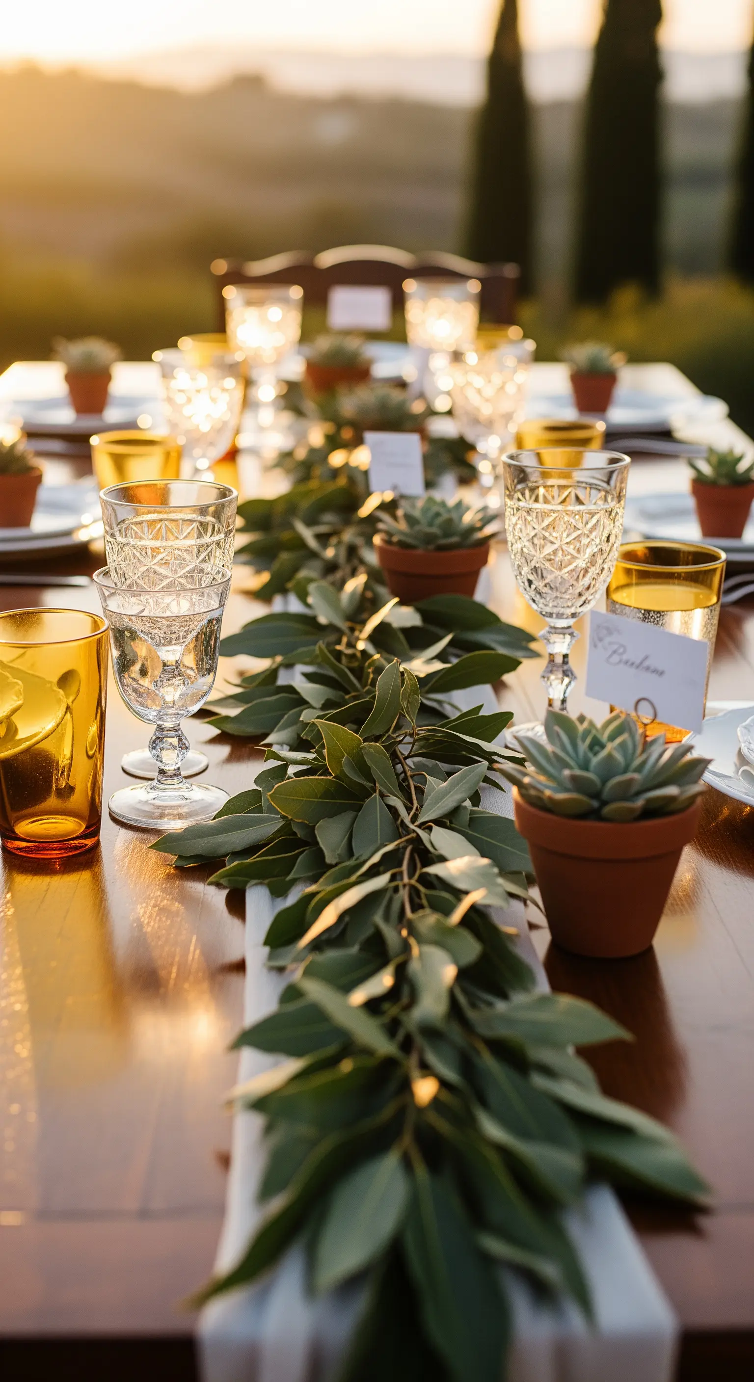 Tischdeko mit Lorbeerblatt-Girlande, Sukkulenten und amberfarbenen Gläsern