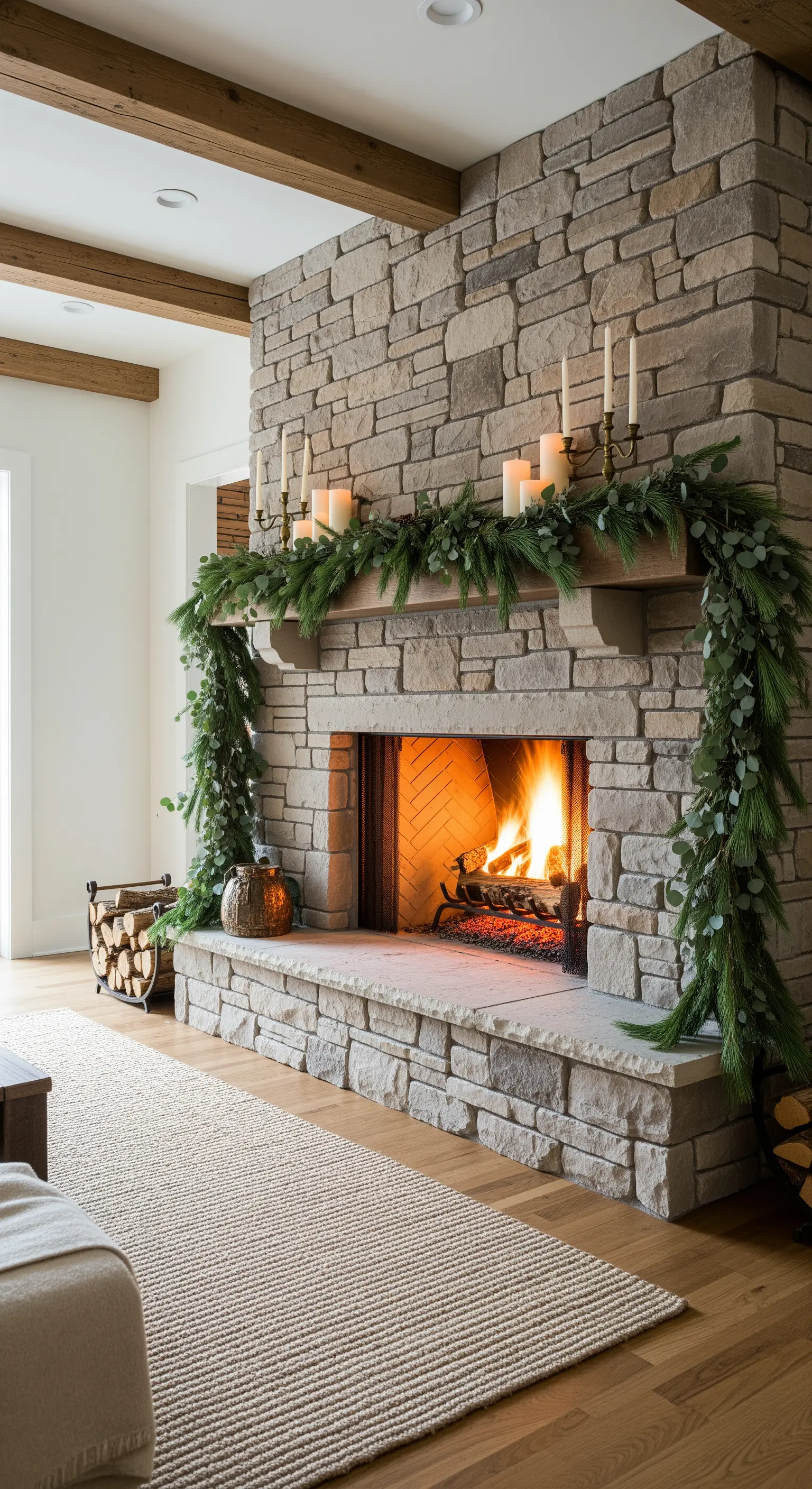 Üppige Wintergrün-Girlande mit Kerzen auf rustikalem Steinkamin