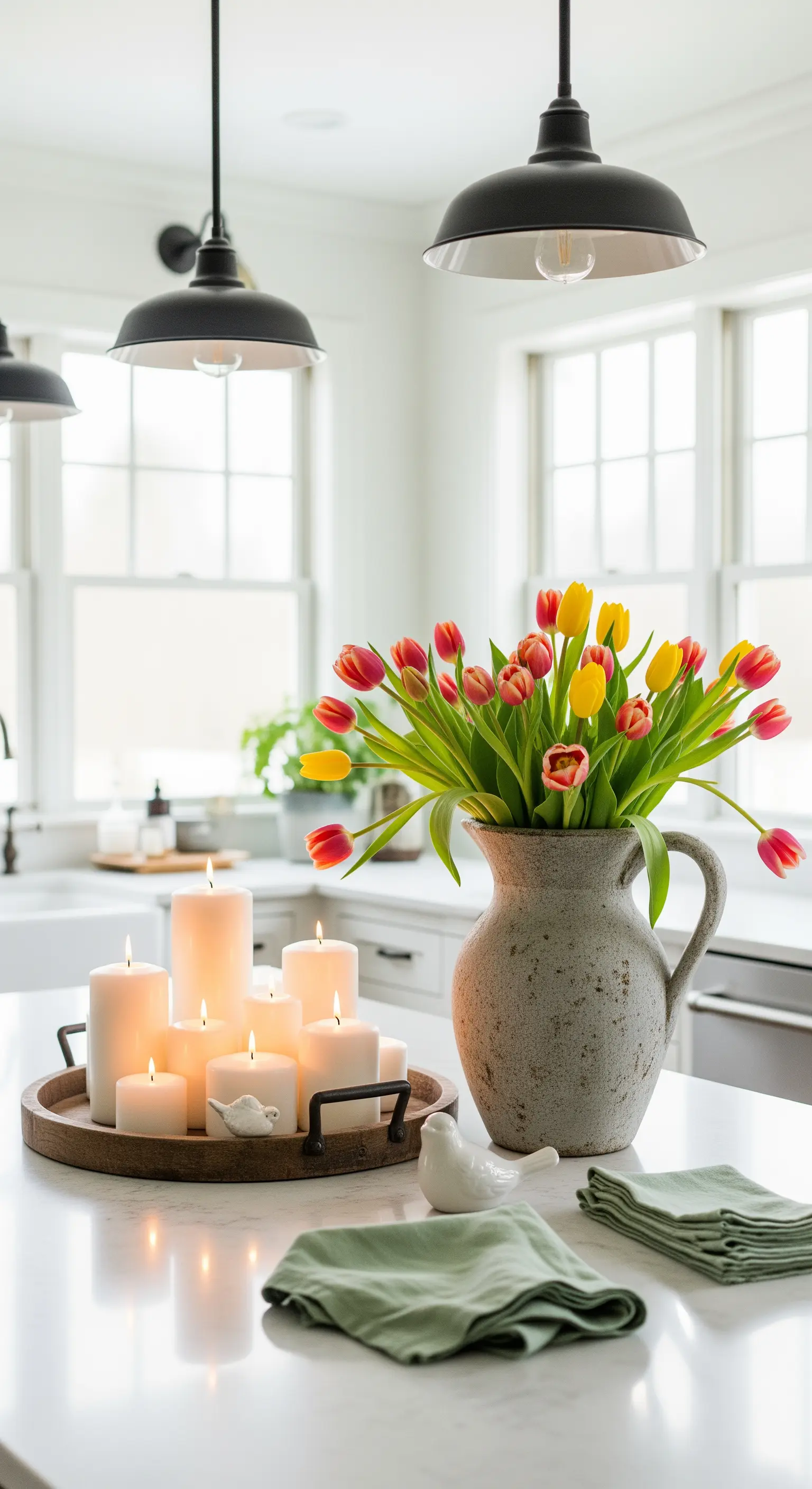 Rustikale Krug mit Tulpen, weiße Kerzen auf Holztablett, grüne Servietten auf Küchentresen