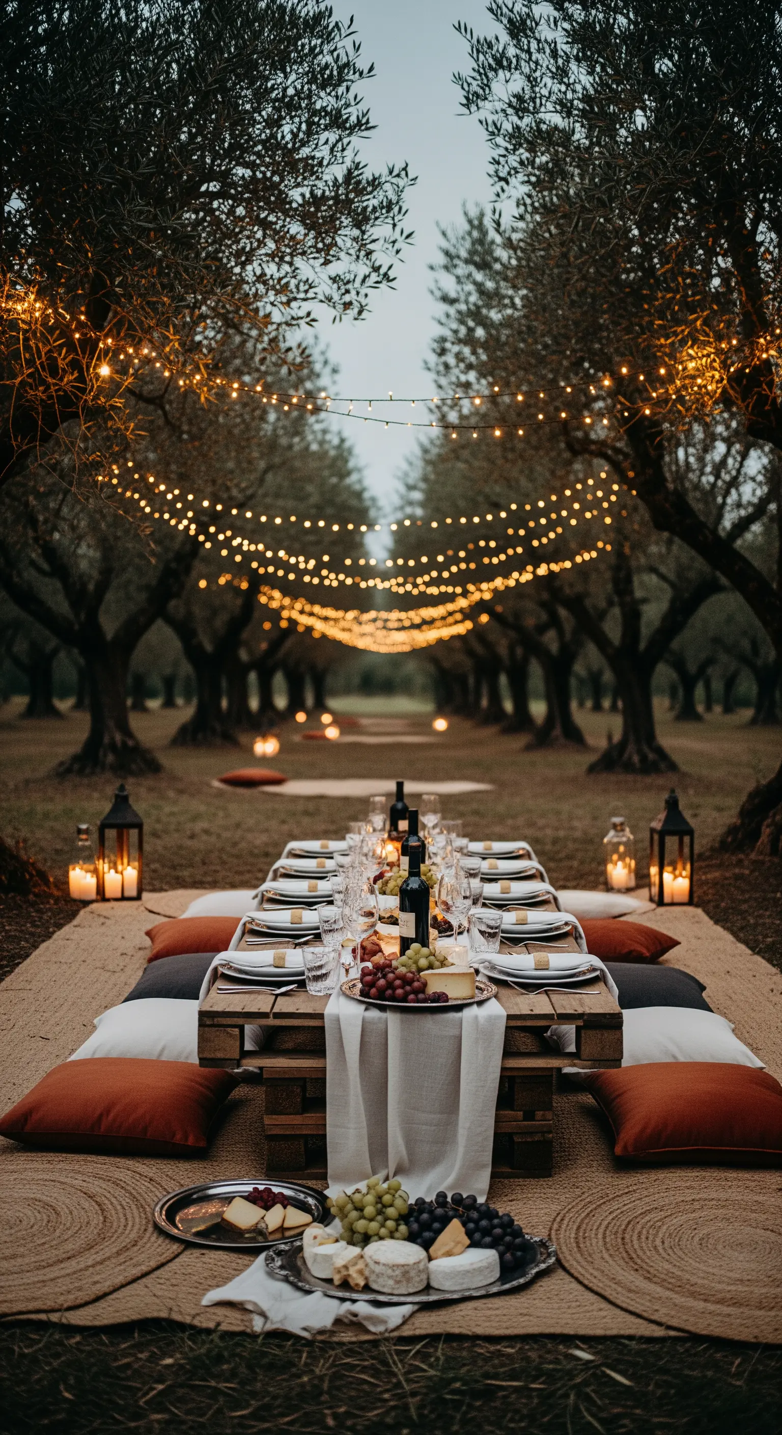 Romantisches Picknick unter Lichterketten im Olivenhain mit Holztisch und Bodenkissen