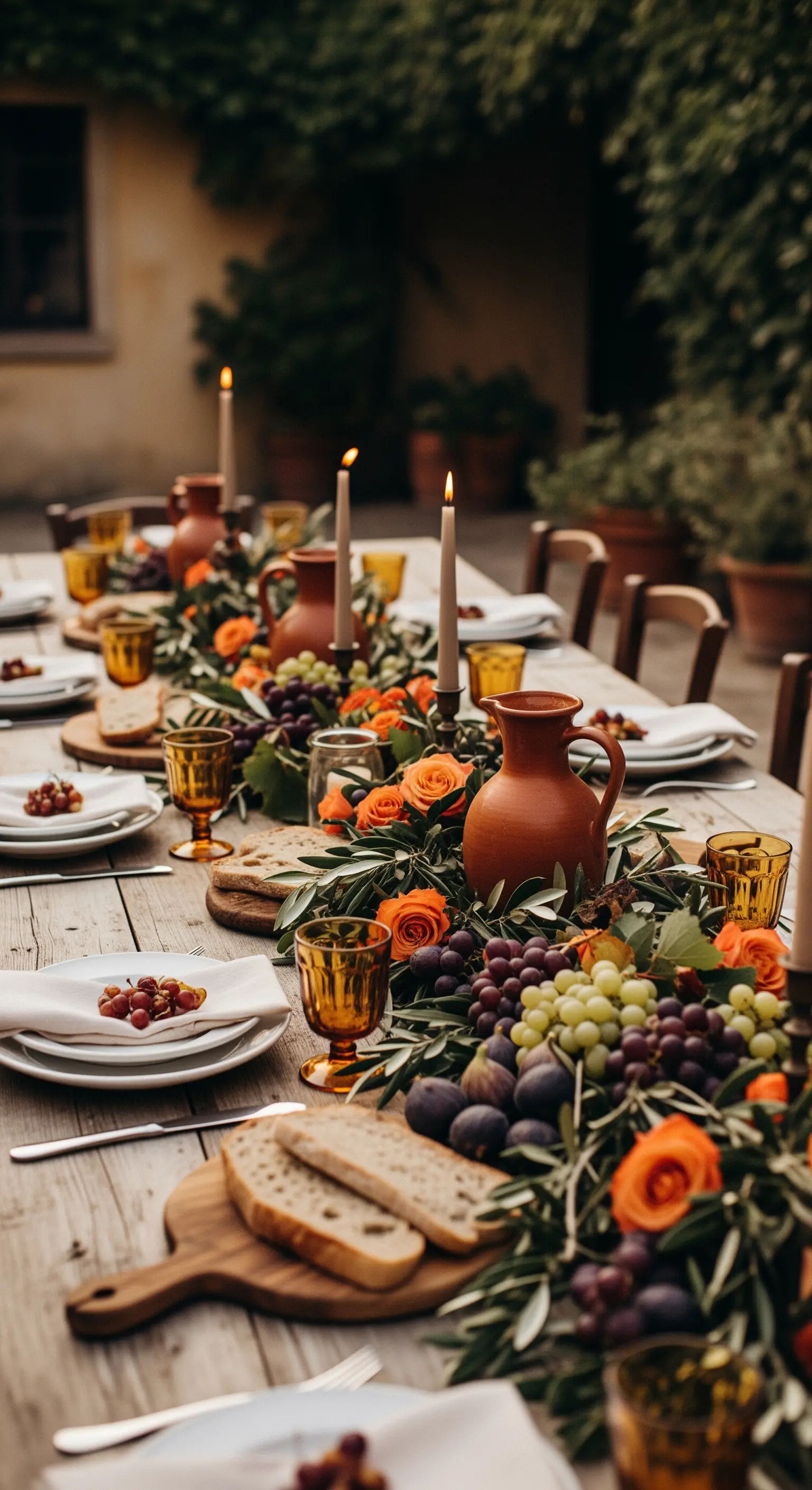 Rustikale Tafel mit Rosen, Trauben, Feigen, Brot und Terrakotta-Krügen