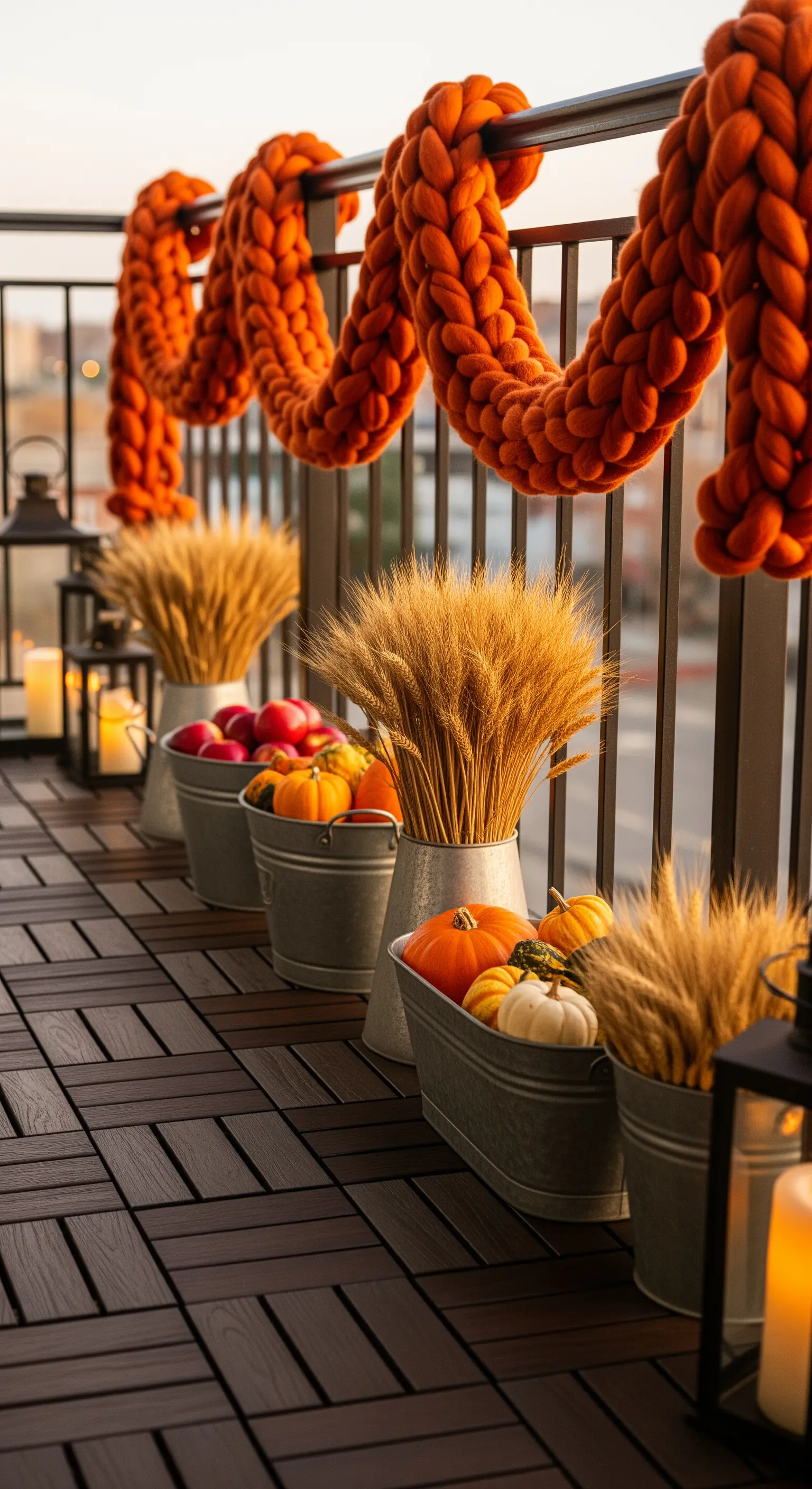 Orangefarbene Strickgirlande, Zinnschalen mit Weizen, Äpfeln und Kürbissen auf Balkon
