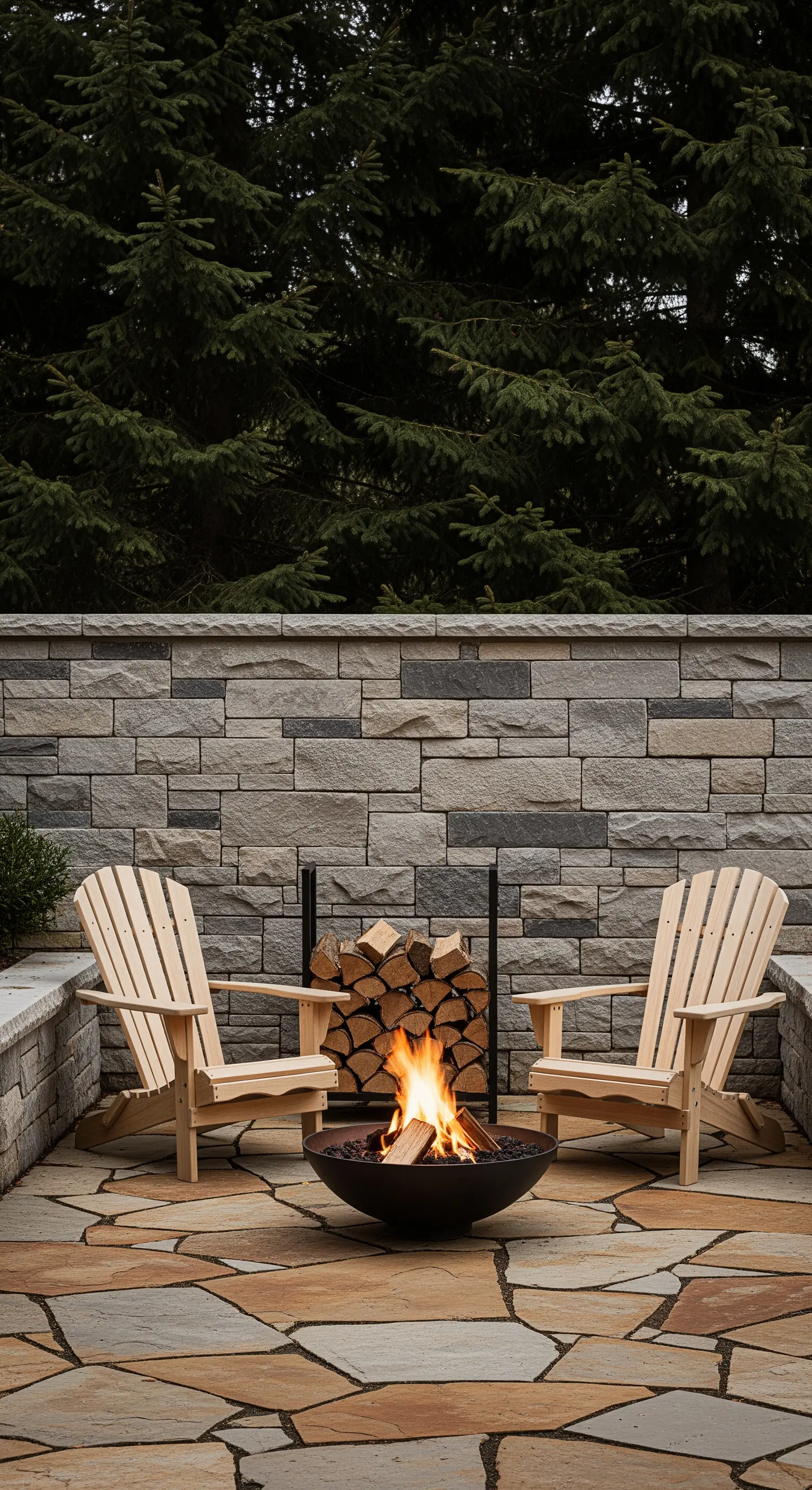 Rustikale Feuerstelle mit Holzstühlen und Steinmauer