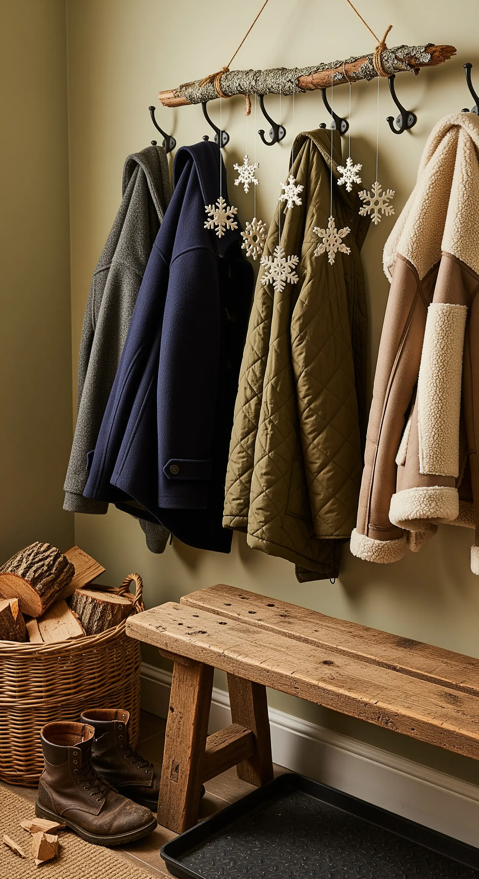 Garderobe mit Naturast, Schneeflocken-Anhängern und Winterjacken