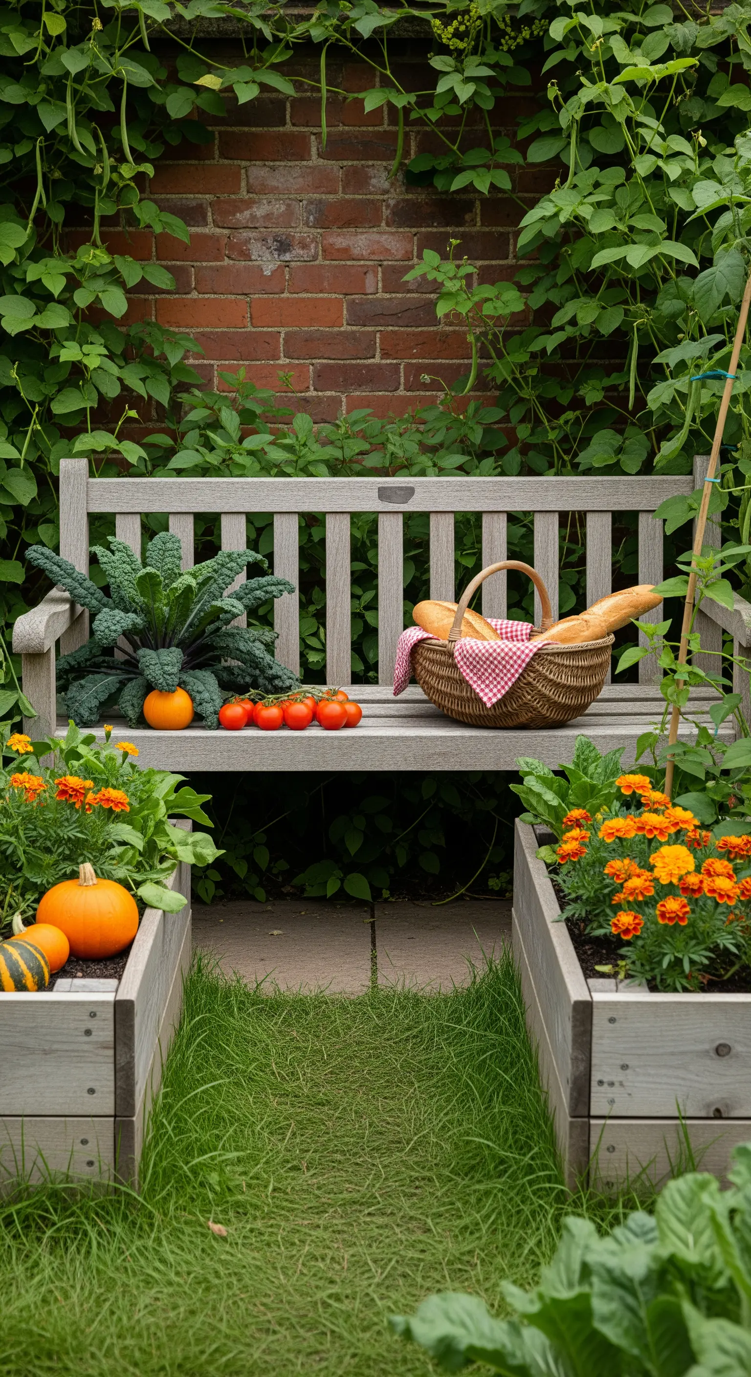 Holzbank in Hochbeeten mit Gemüse, Brotkorb und kariertem Tuch.