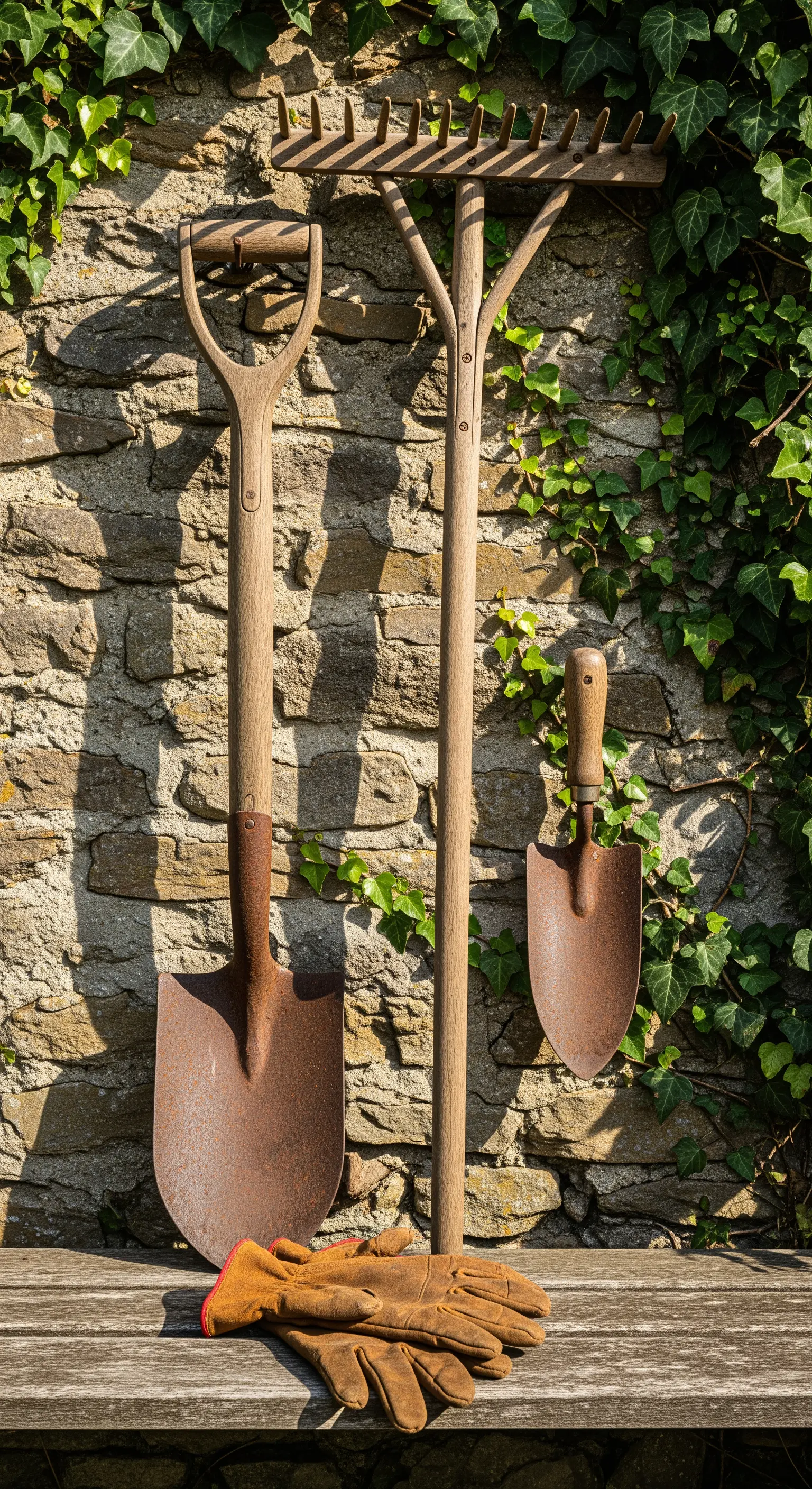 Alte, rostige Gartengeräte und Lederhandschuhe an einer Efeu-bewachsenen Steinmauer.