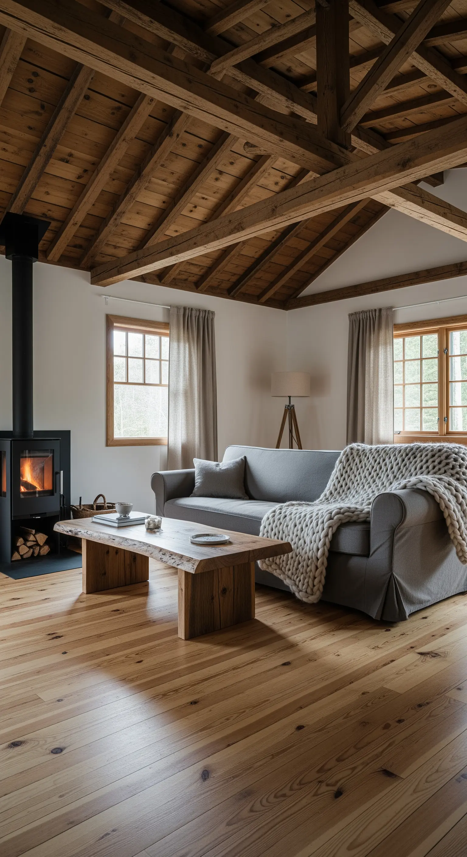 Wohnzimmer im Hüttenstil mit Holzbalken, Holzboden und einer dicken Strickdecke auf dem Sofa.