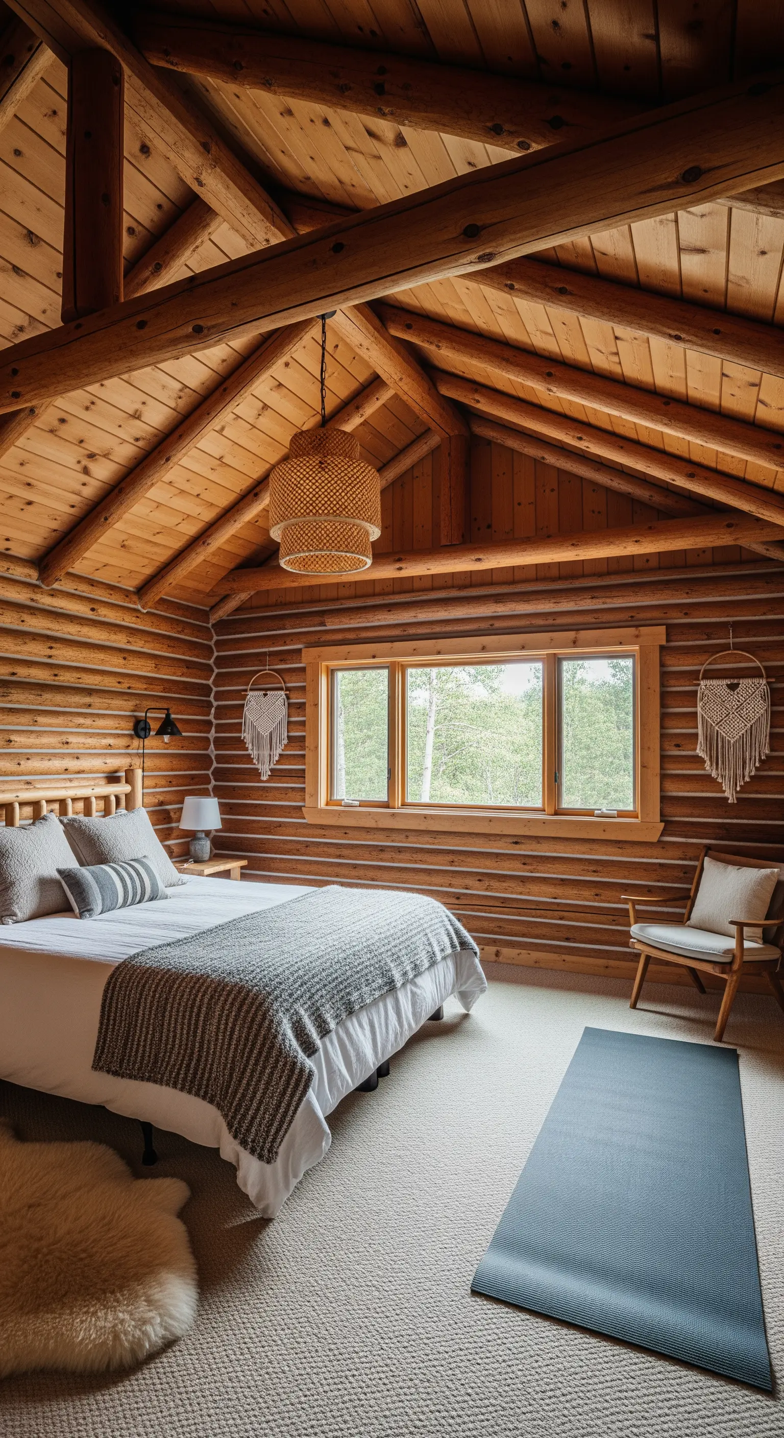 Blockhütten-Schlafzimmer mit Holzwänden, hellen Textilien und Makramee-Deko.