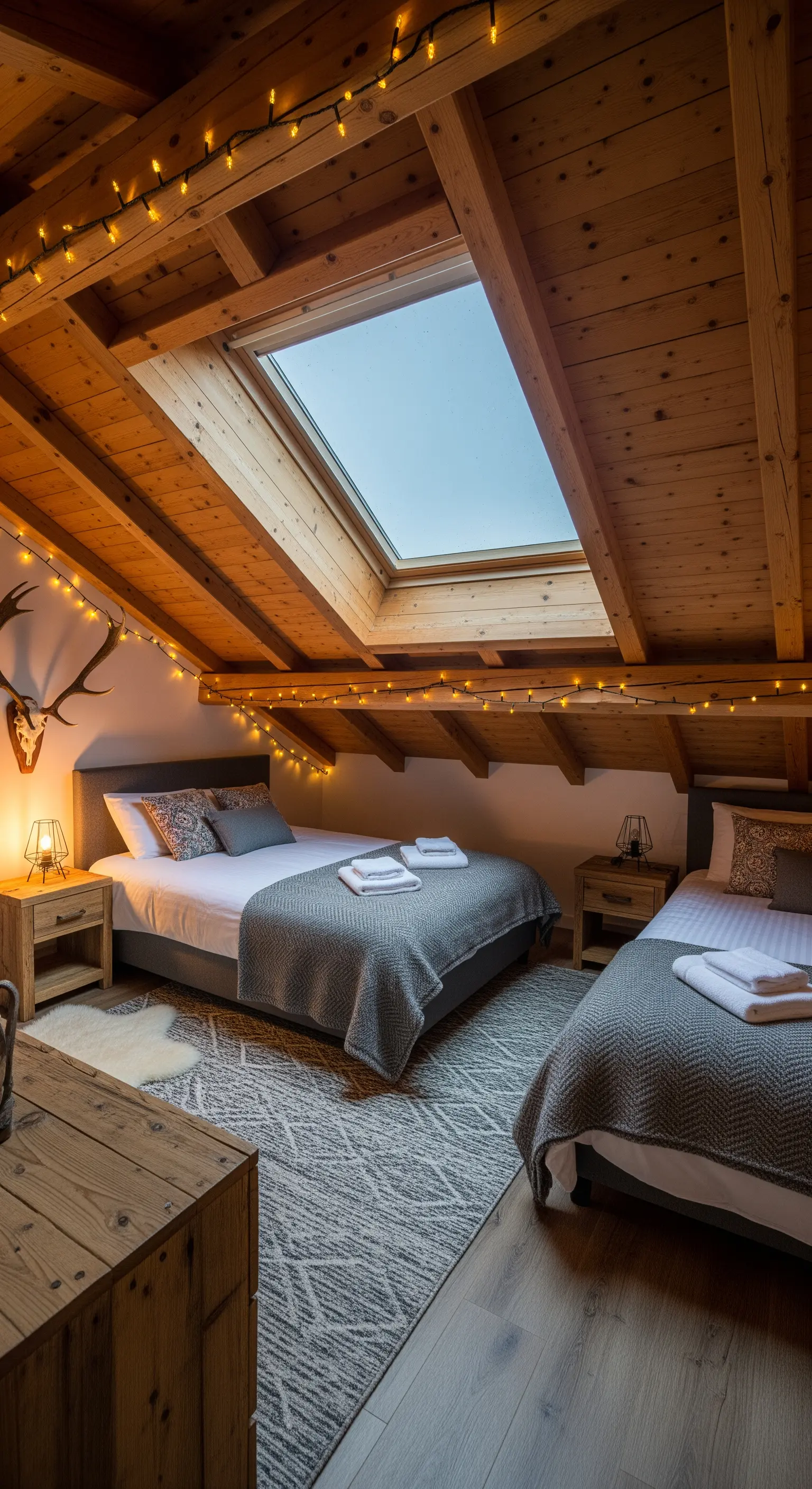 Dachzimmer mit viel Holz, zwei Einzelbetten, Lichterketten und Geweih an der Wand