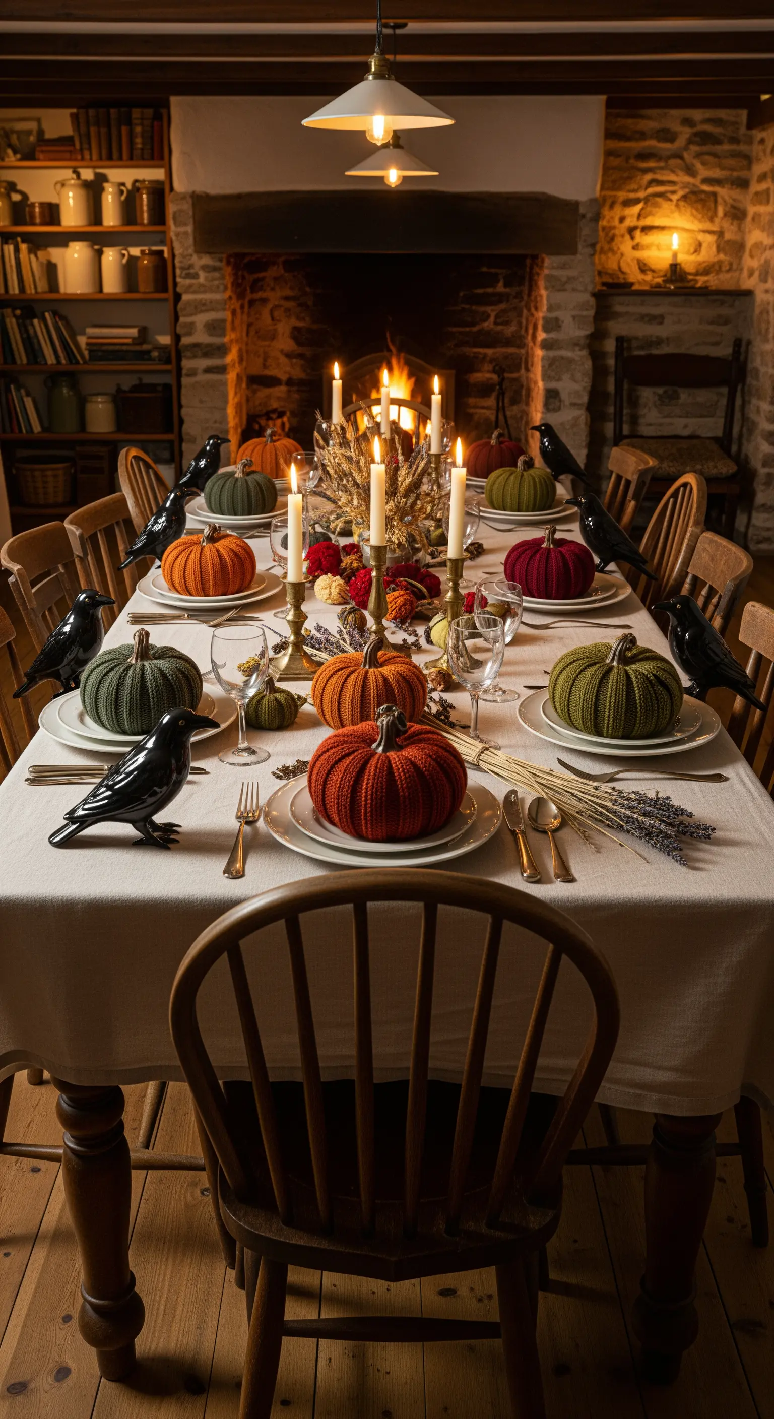 Rustikale Halloween Tischdeko mit Strickkürbissen, Kerzen und Krähenfiguren