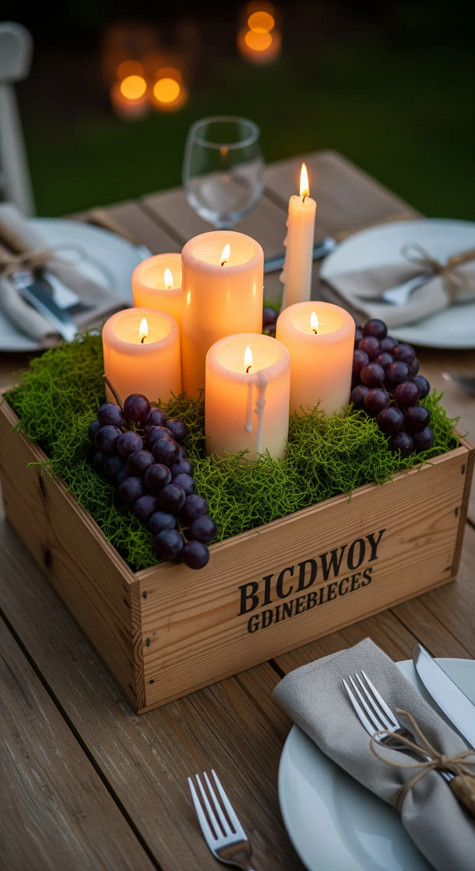 Holzkiste mit Moos, Stumpenkerzen und dunklen Trauben auf rustikalem Tisch