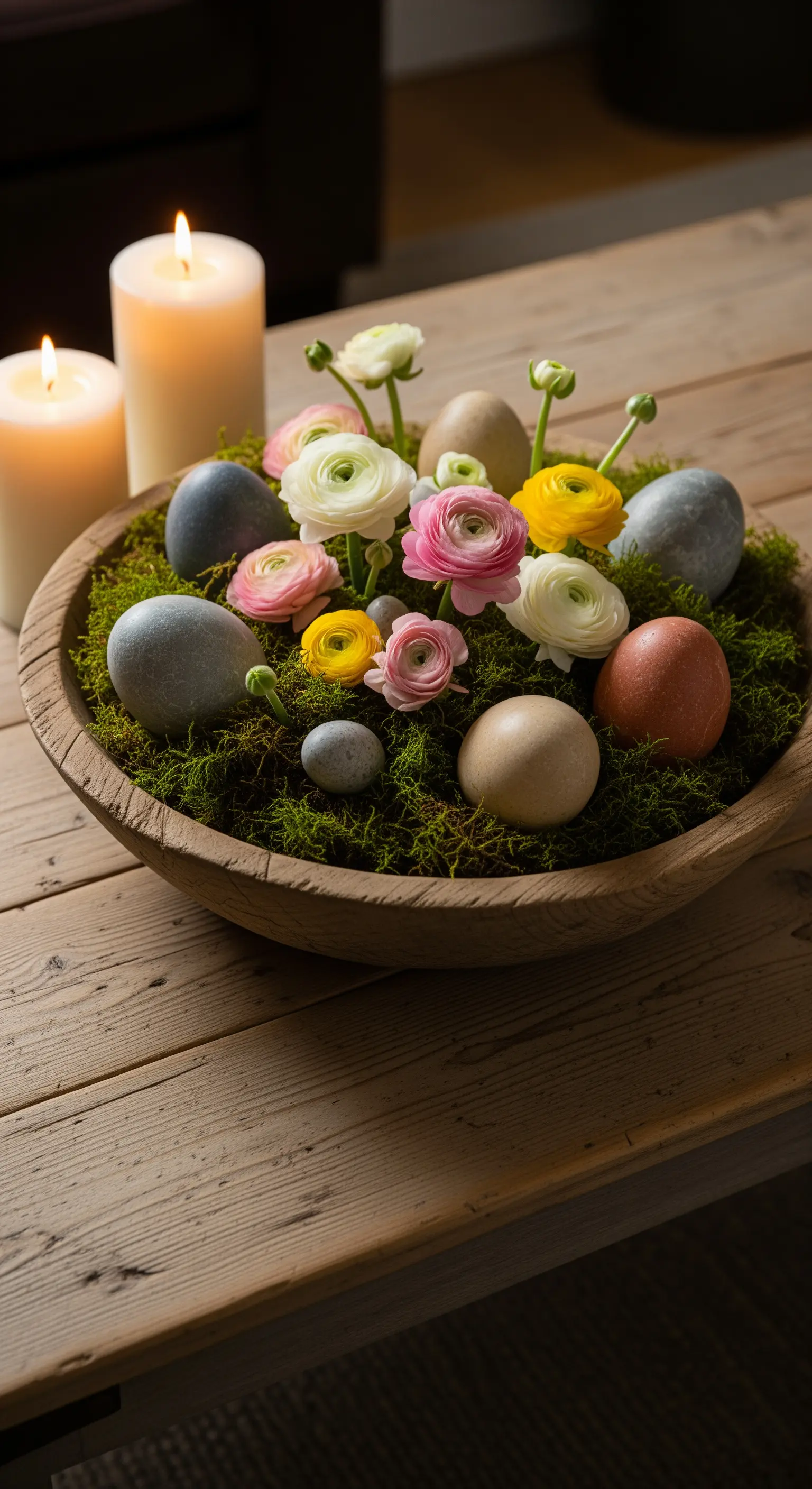 Holzschale mit Moos, Ranunkeln, Eiern und Kerzen