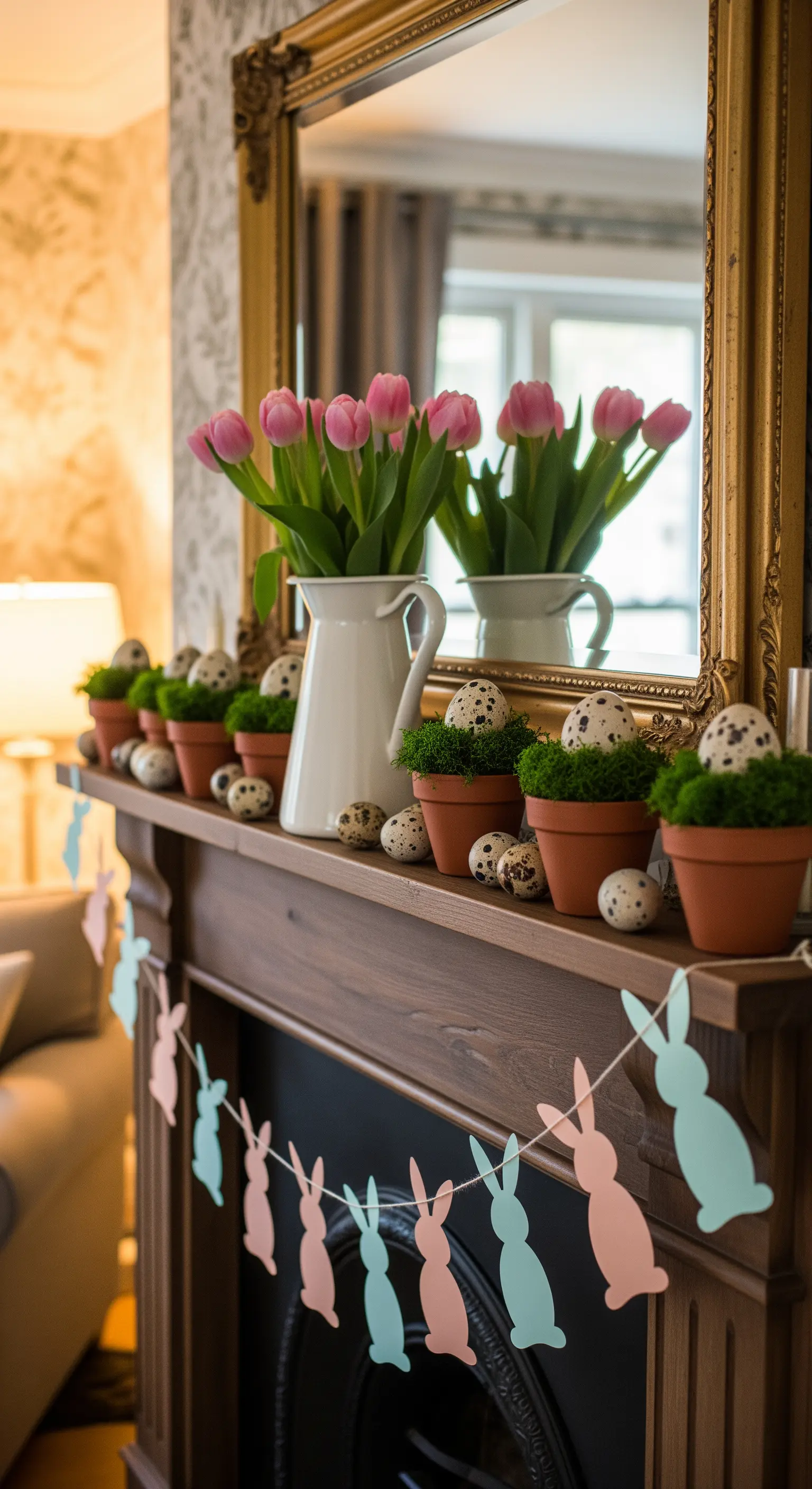 Oster-Kamin-Deko mit Terrakotta-Töpfen, Tulpen und Hasen-Girlande