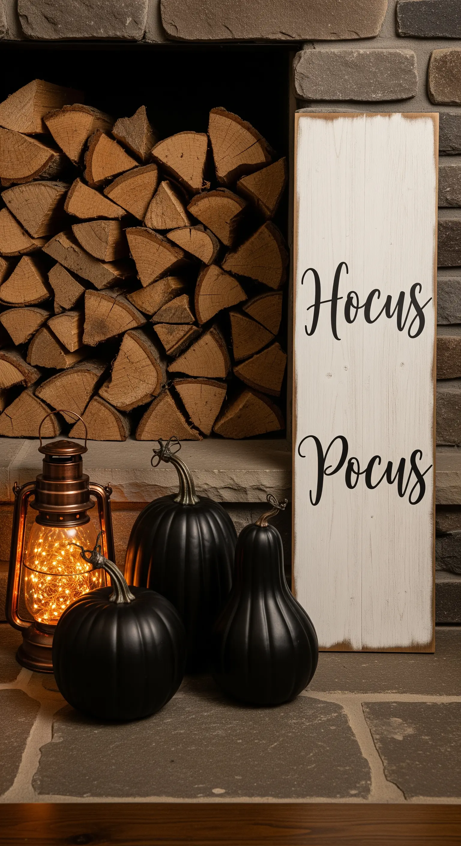 Kaminherddesign mit schwarzen Kürbissen, Holztuch und leuchtender Laterne.