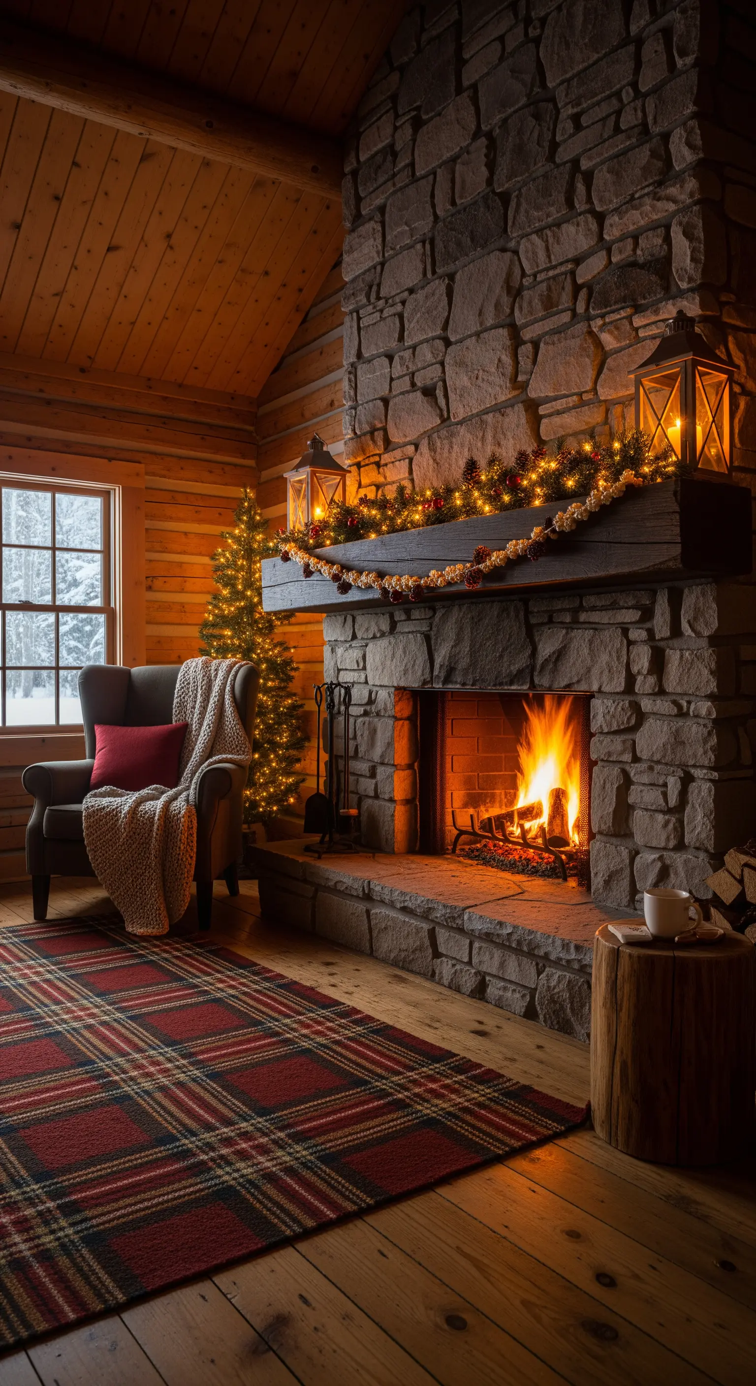 Rustikale Kamindekoration mit Waldgrün-Girlande, roten Beeren und Laternen