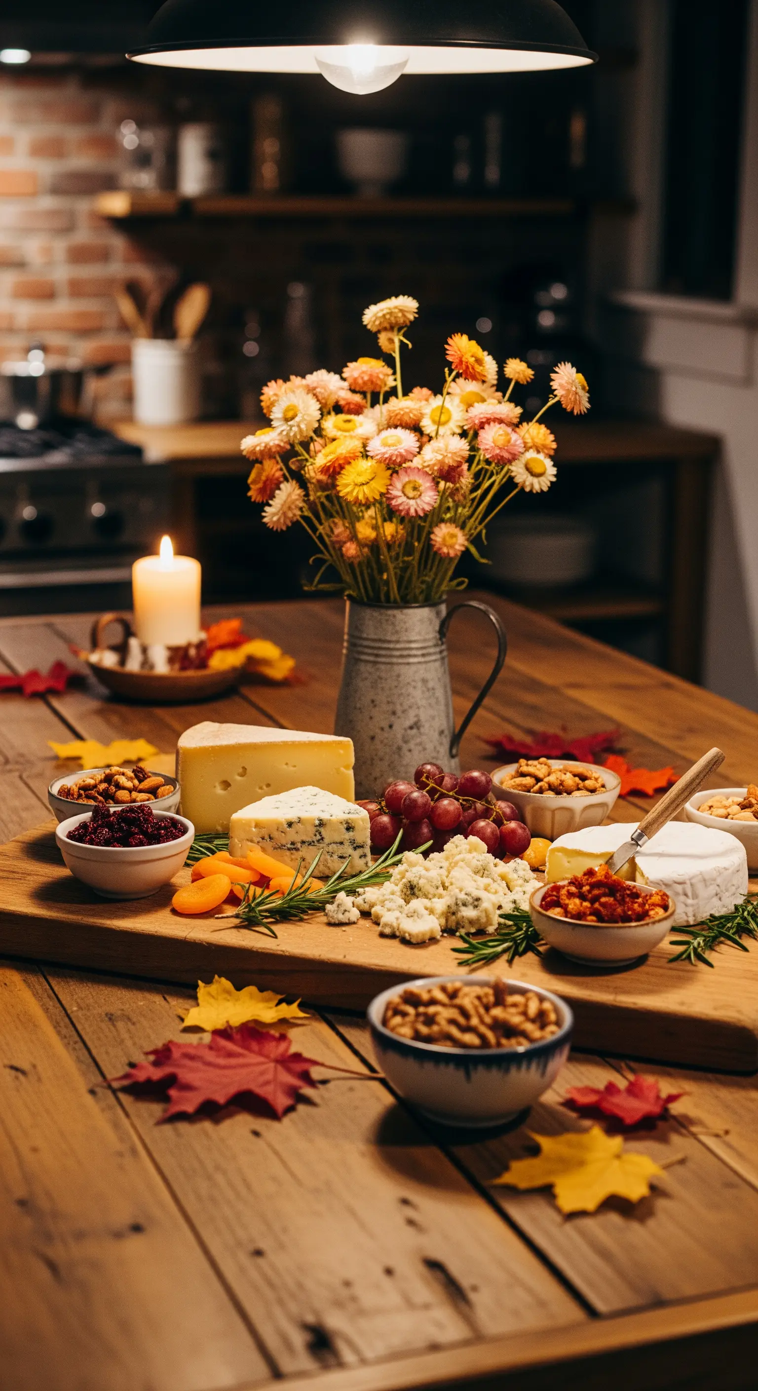 Käseplatte, Trauben, Nüsse, Herbstblätter und Kerze auf Holztisch für gemütlichen Herbstabend.