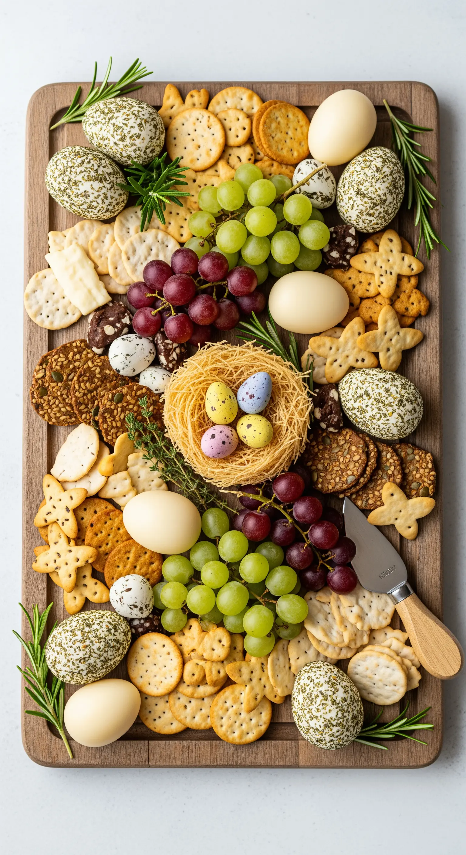 Oster-Käseplatte mit Trauben, Crackern und Eiern in einem Nest