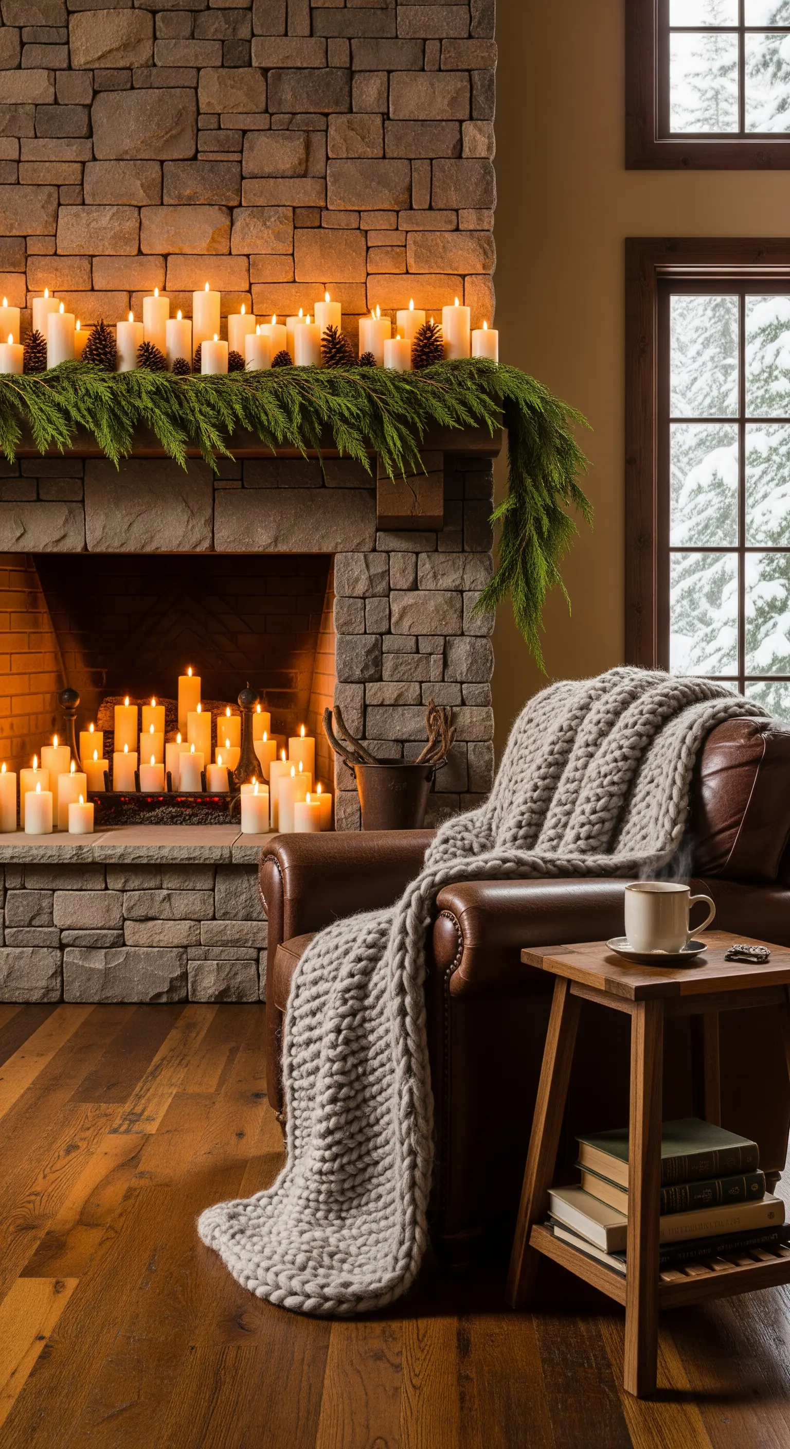 Opulente Kerzen- und Tannengirlande an rustikalem Steinkamin, warme Winterstimmung.