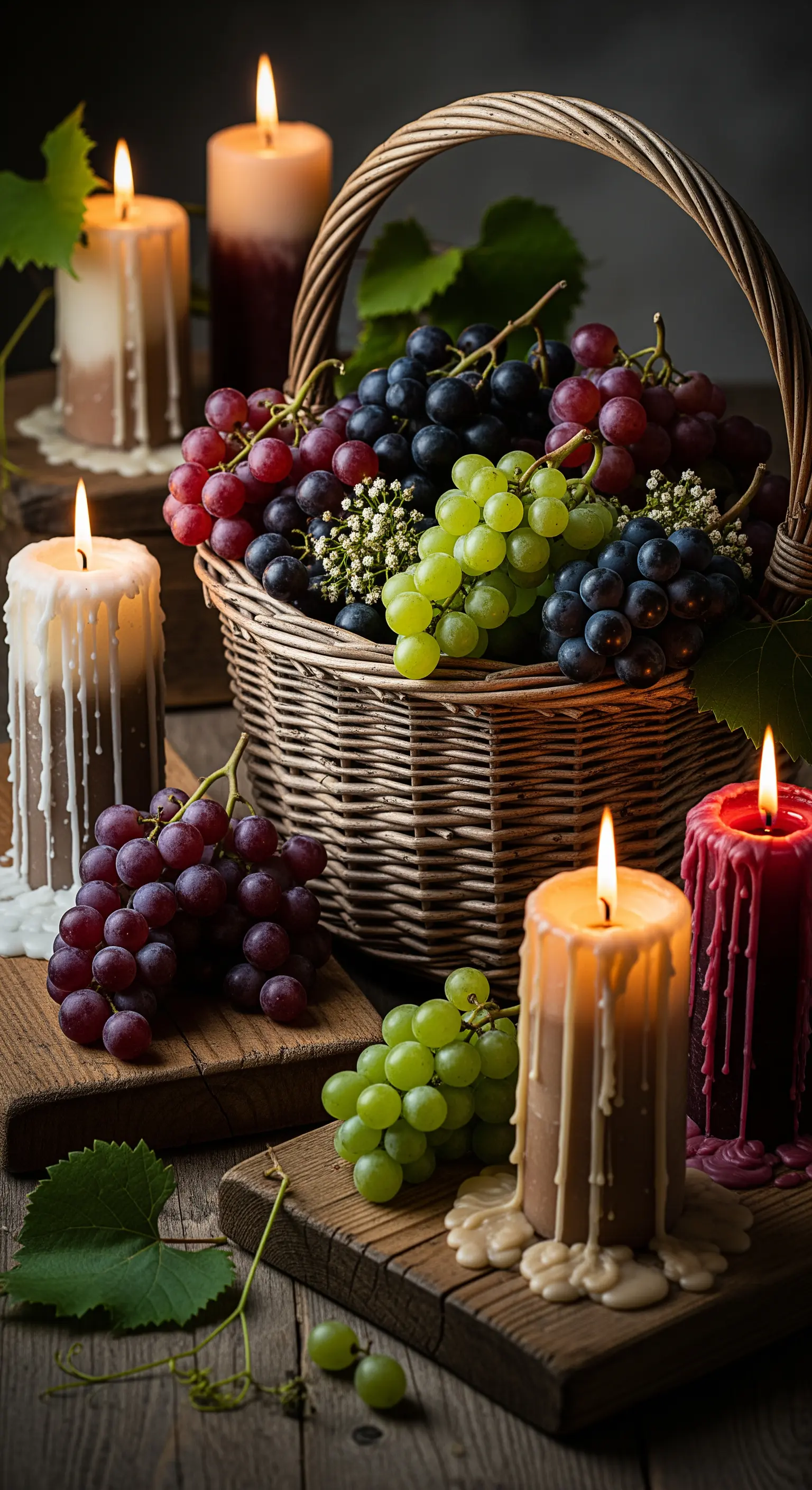 Weidenkorb mit Trauben, umgeben von schmelzenden Kerzen auf Holz
